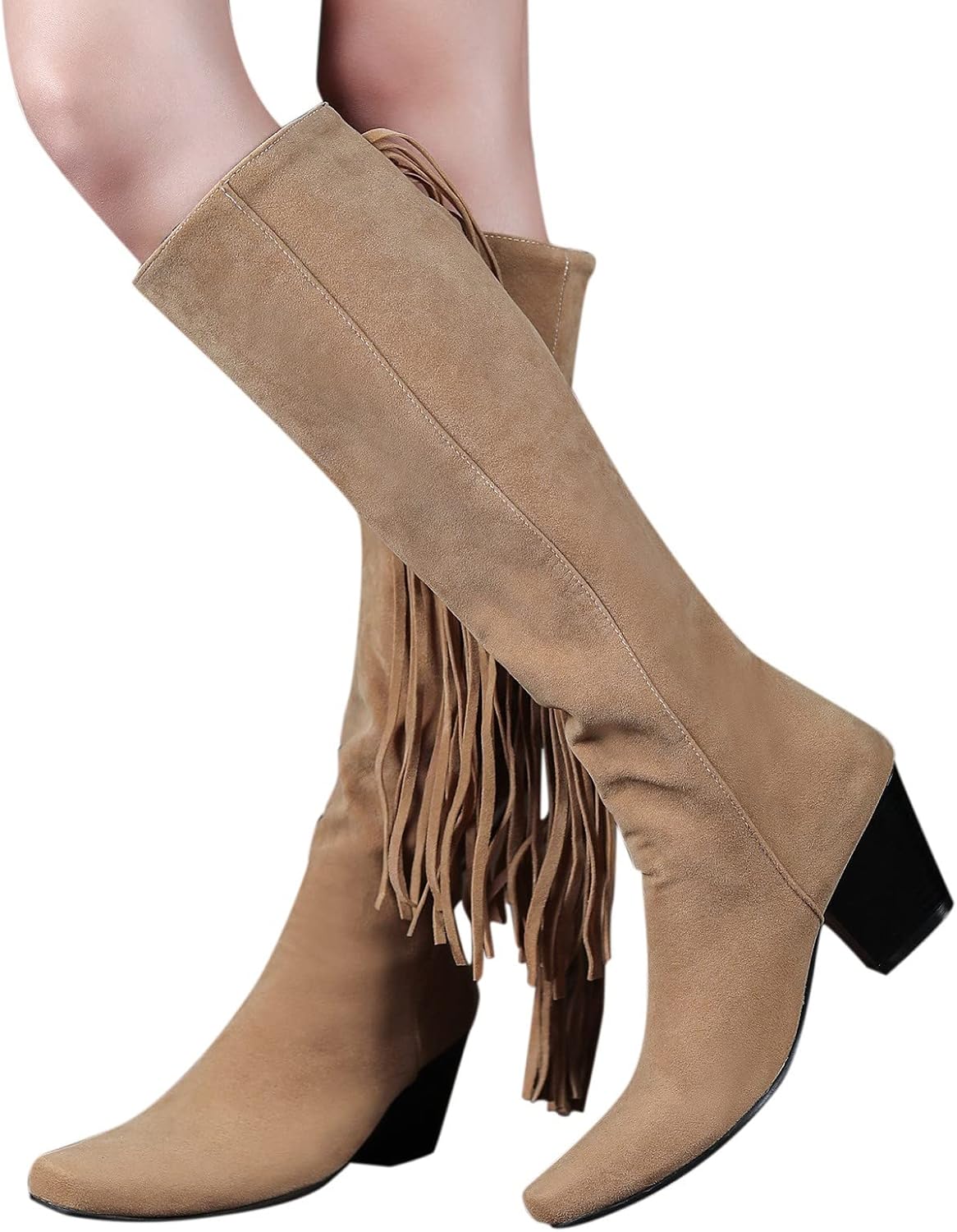 Boseucn Stiefeletten Damen - Fransen Cowboy-Stiefel Mit Niedrigem Absatz