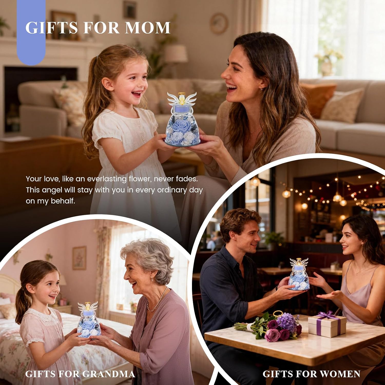 Agrul Birthday Gifts for Women, Mom and Grandma, Blue Preserved Flowers in Glass Angel Candle Holder, Meaningful Birthday Gift for Her, Sister and Friend