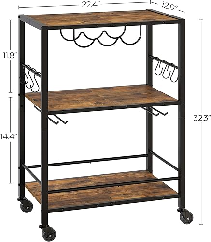 Miniatura 7 de YATINEY Carrito de bar dorado, carrito de servicio de 3 niveles, carrito de cocina con estante para vino y portavasos, carrito de bebidas, carrito