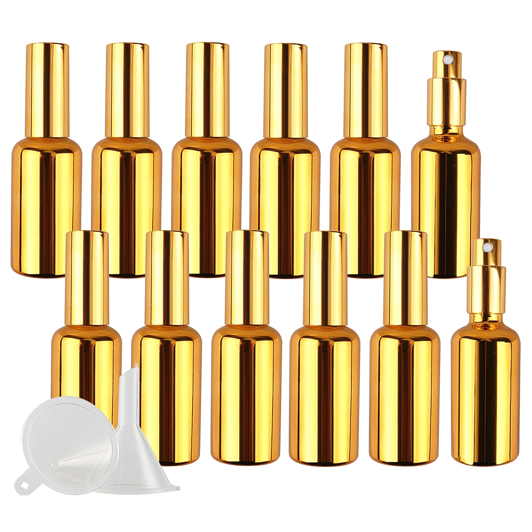 12 Stück 50ml UV-Beschichtetes Gold Glas Sprühflaschen & 2 Stück Trichter, 50 ml Leer Glas Nachfüllbar Zerstäuber Sprayflasche Reisen Heim Parfumzerstäuber