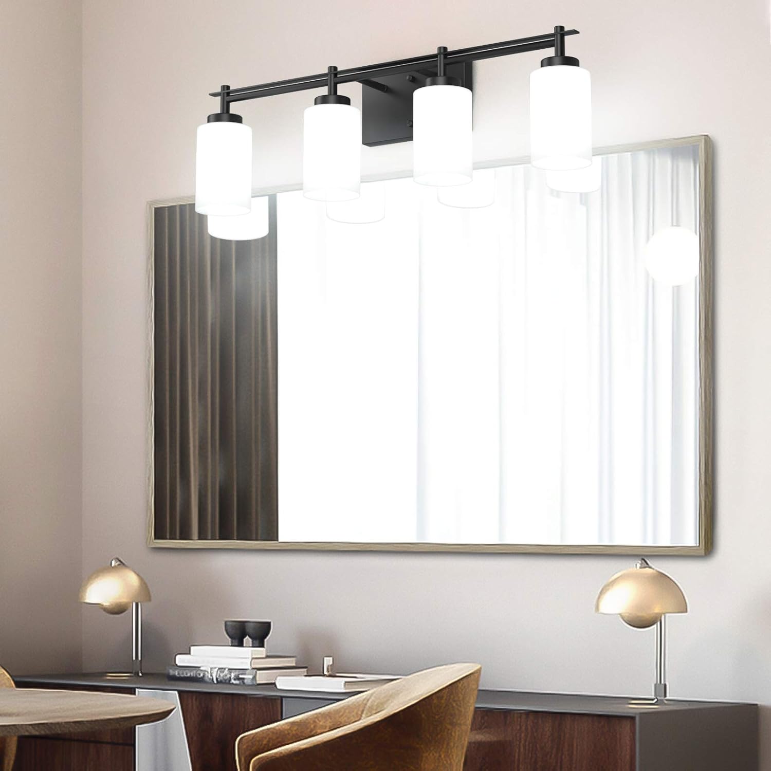 Flаѕh Dеаlѕ - 70% оƒƒ Aipsun Vintage Bathroom Vanity Light Black Bathroom Light Fixtures 4 Lights Milky White Glass Shade Industrial Wall Light (Exclude Bulb)