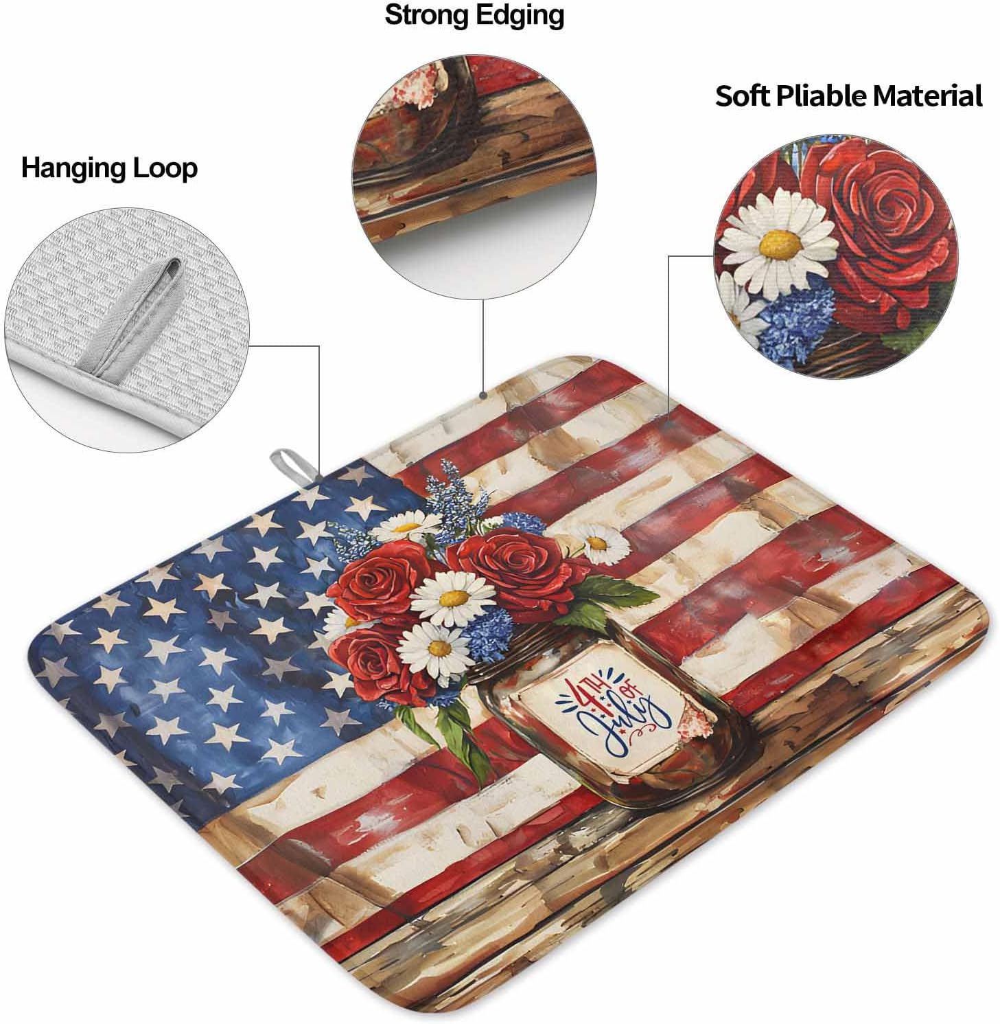 Dish Drying Mat Set of 2 July 4th Flag Day Microfiber Absorbent Reusable Washable Dish Drying Rack Mat Star Stripe Floral Coffee Mat for Coffee Maker Bar Kitchen Countertops 18x24inch