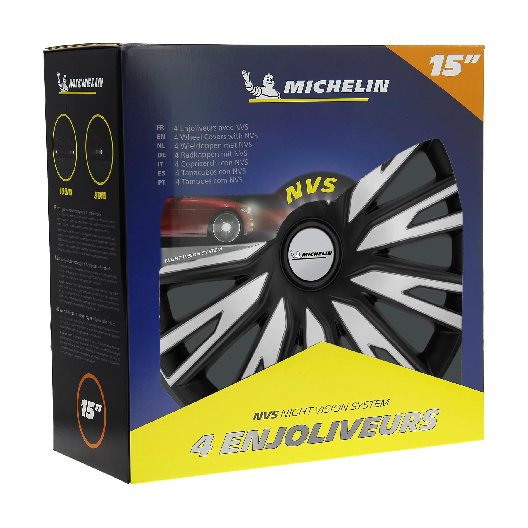 Michelin 4 Copricerchi Auto Argento & Nero 15 pollici - Sistema NVS Night Vision Security - Universali Fissaggio Facile