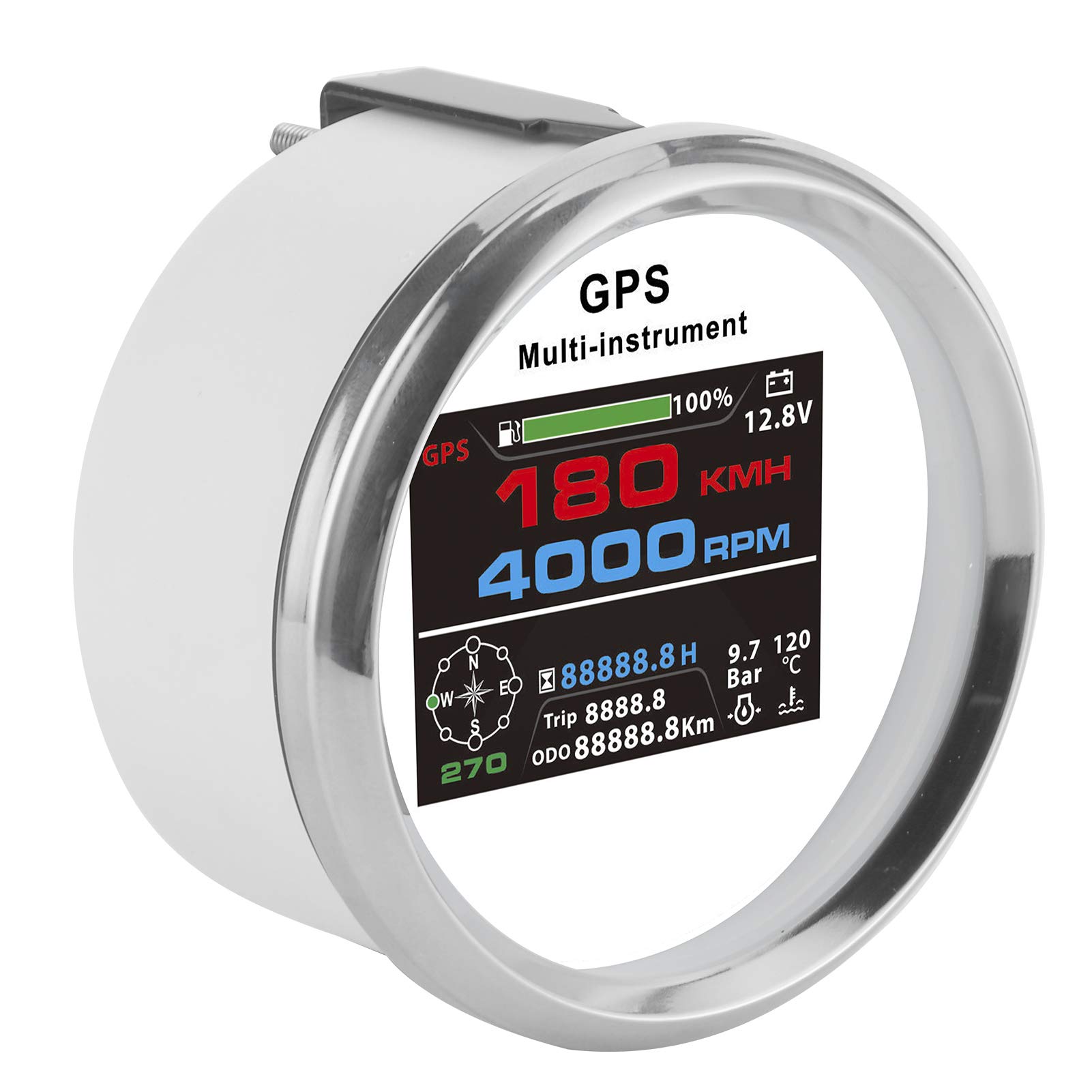Wielofunkcyjny Miernik 85 Mm Cyfrowy Wskaźnik GPS z Wyświetlaczem TFT dla łodzi, Wskaźnik 10 w 1 Poziom Paliwa Temperatura Wody Napięcie Przebieg, Materiał Nierdzewna + ABS Biała Tarcza