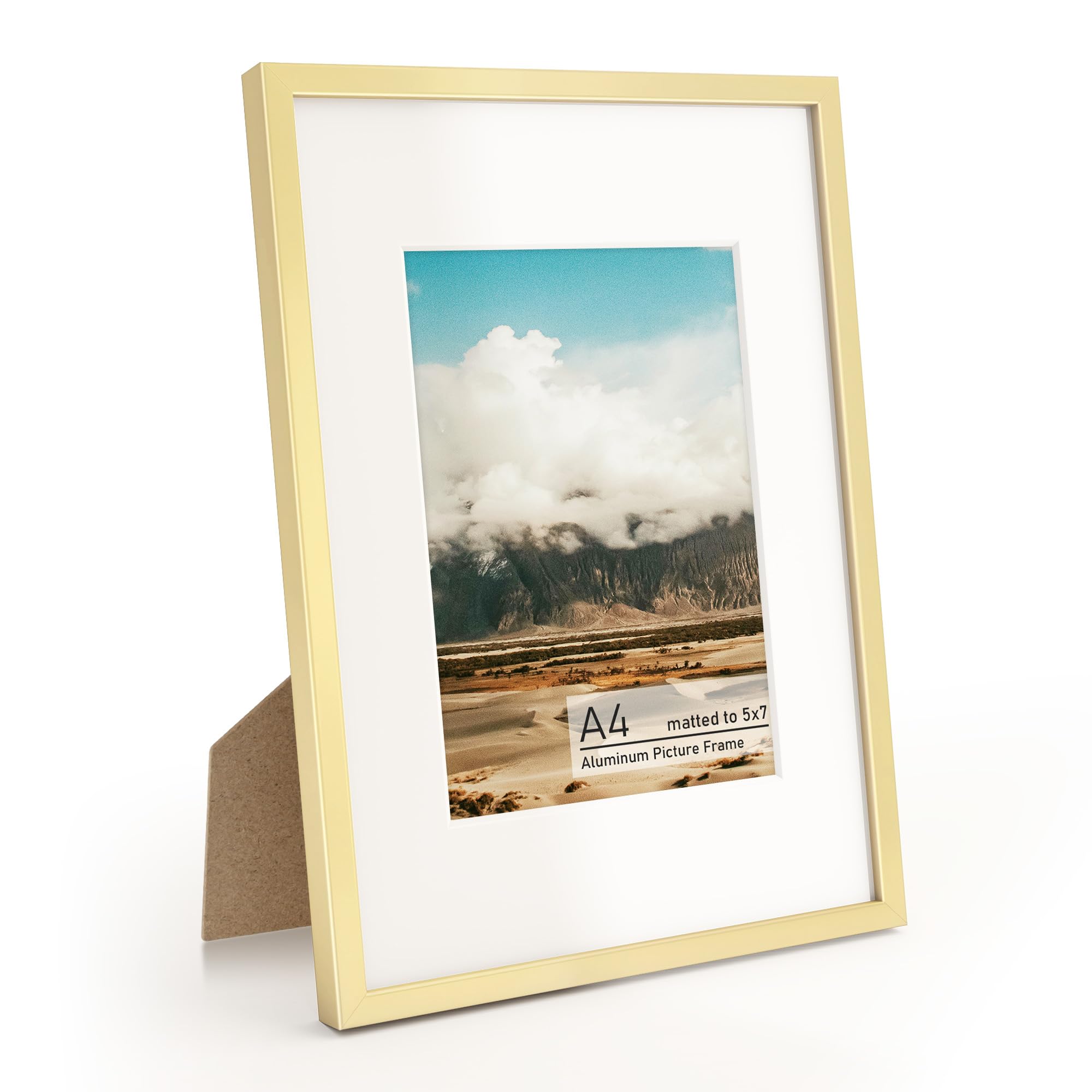 Acovy A4 Picture Frame, Aluminum Photo Frame Matted to 139x200mm, with High Definition Plexiglass, Metal A4(210x297mm) Picture Frame for Wall or Tabletop Display, Wall Hook Included