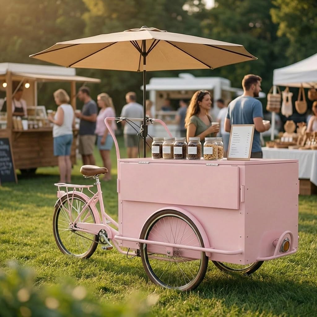 Mobile Vending Bicycle Cart,Parasol & Storage Box - Commercial Food Display Stand Market Stall Display Stand for Street,Markets,Festivals and Outdoor Events