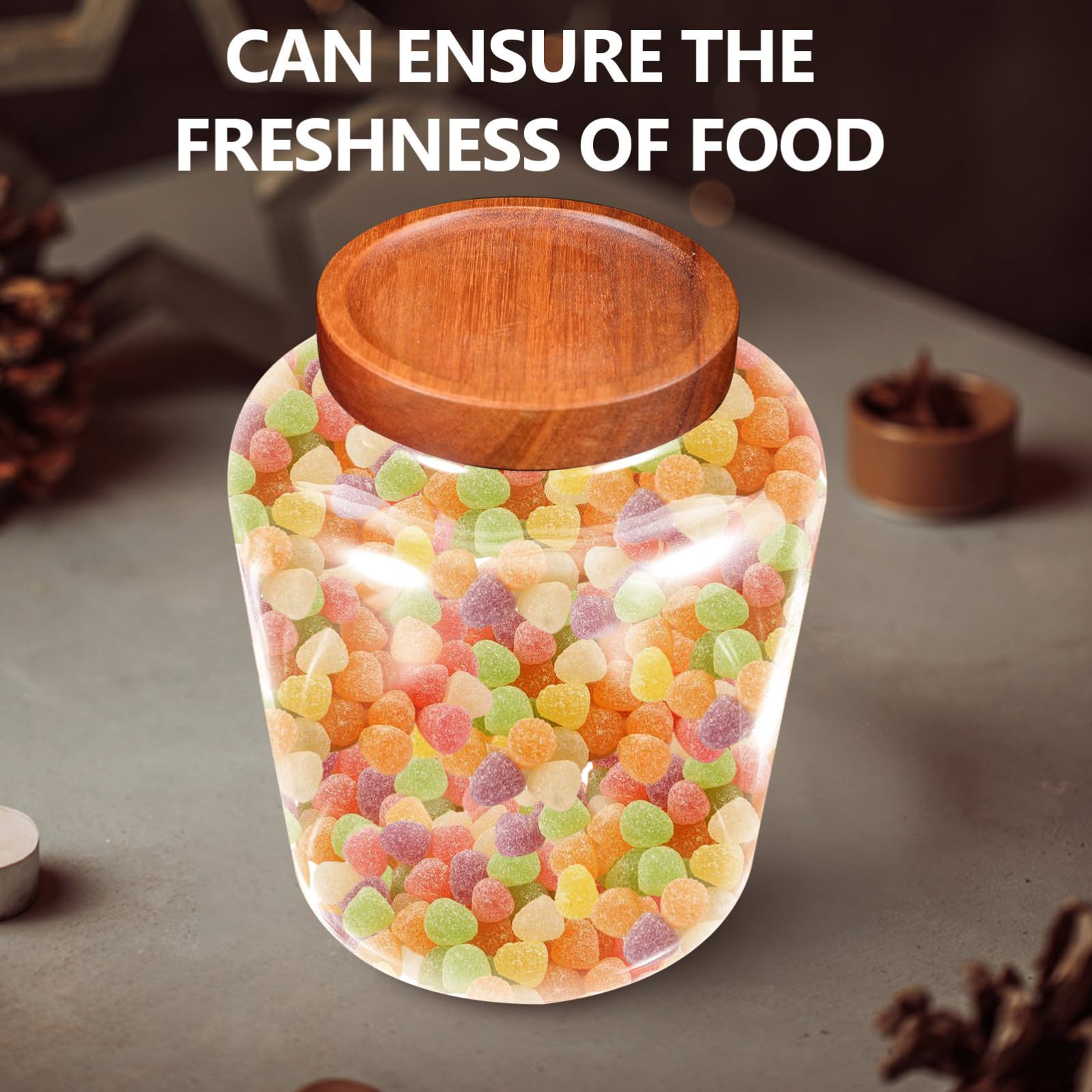 Zerodeko Barattolo in Vetro Trasparente Tappo in Legno Acacia Contenitore Ermetico per Snack Caramelle e Tè Vasetto Multiuso per Casa con Ampia Apertura e Design Decorativo