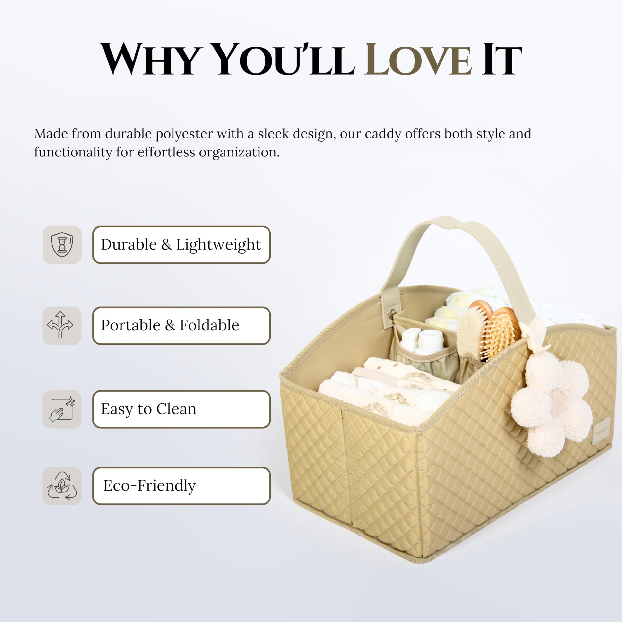 Cherubin Chic Baby Diaper Caddy | Nursery Storage Bin & Baby Caddy Organizer for Diaper Station | Car Shower Basket for Newborn Boy and Girl | Baby Registry Must Have | Newborn Essentials - Nude