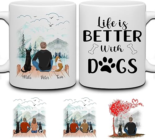 WHIDOBE Taza personalizada para perros, la vida es mejor con perros (hombre, 2 perros), tazas de café para amantes de los perros para papá, taza