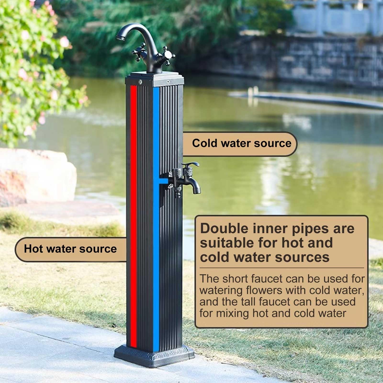 Generisch Vertikaler Gartenwasserhahn mit Frostschutzmittel, Kalt- und Warmwasseranschluss, robuste Wassersäule für Gartenbewässerung und -Reinigung – Schwarz
