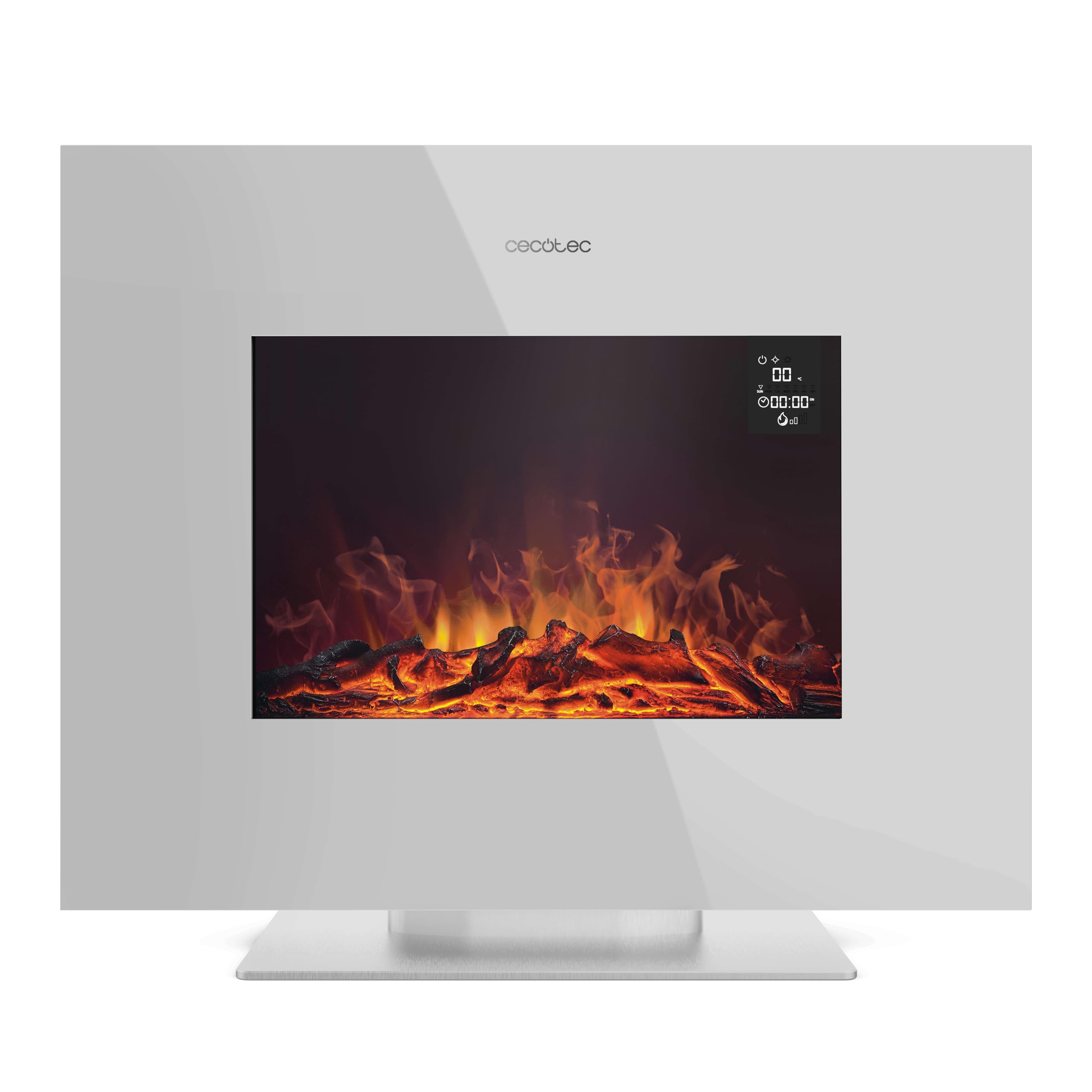 Cecotec Camino Elettrico Decorativo 26” con Telecomando ReadyWarm 2710 Design Flames White. Massima Potenza 2000W, 2 Intensità, Pannello Piatto Cristallo Temperato, Fiamma Regolabile, Timer