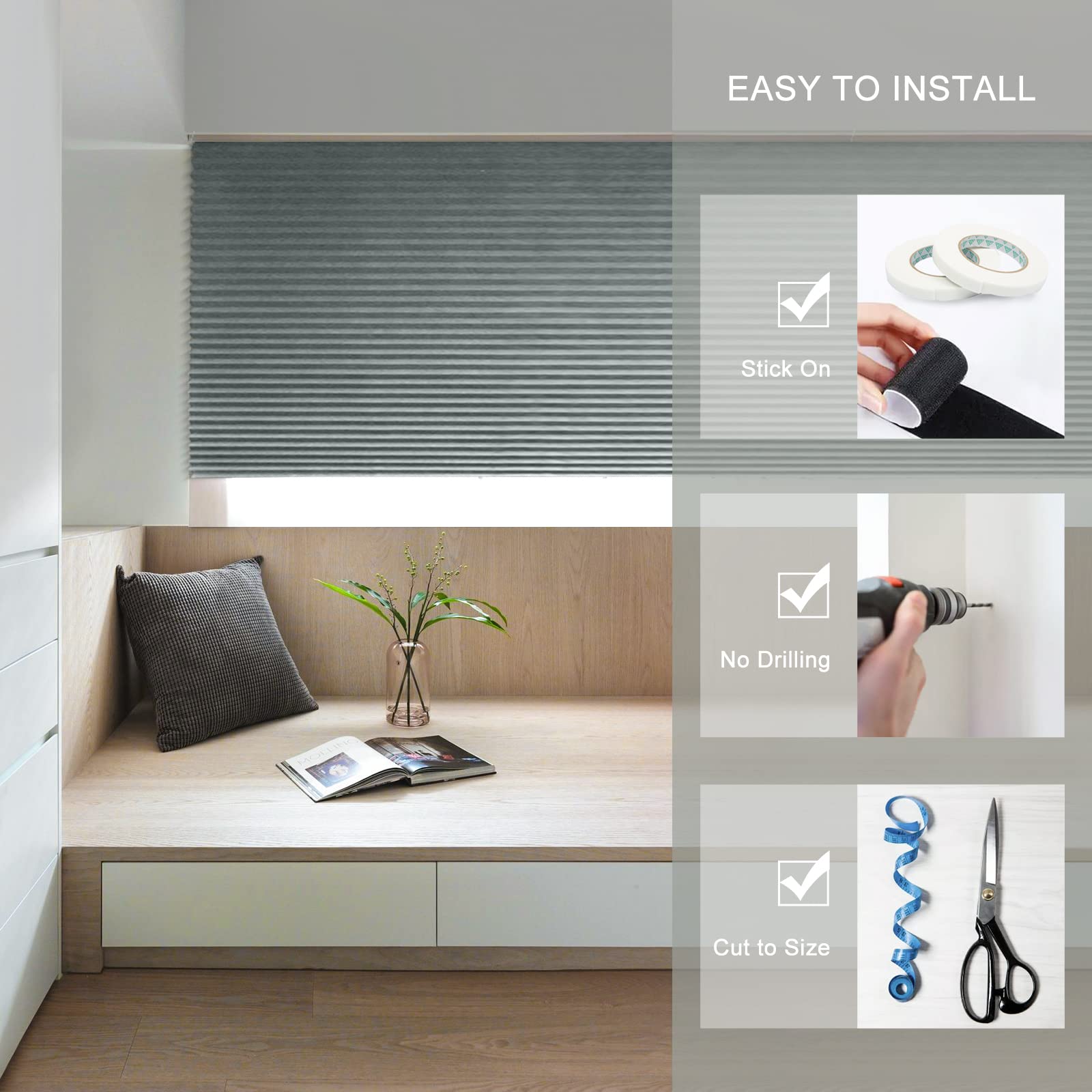 Stores de fenêtre sans perçage à clipser, stores de fenêtre à coller, stores plissés auto-adhésifs sans vis pour salle de bain, filtrage de la lumière et protection de la vie privée, stores plissés s