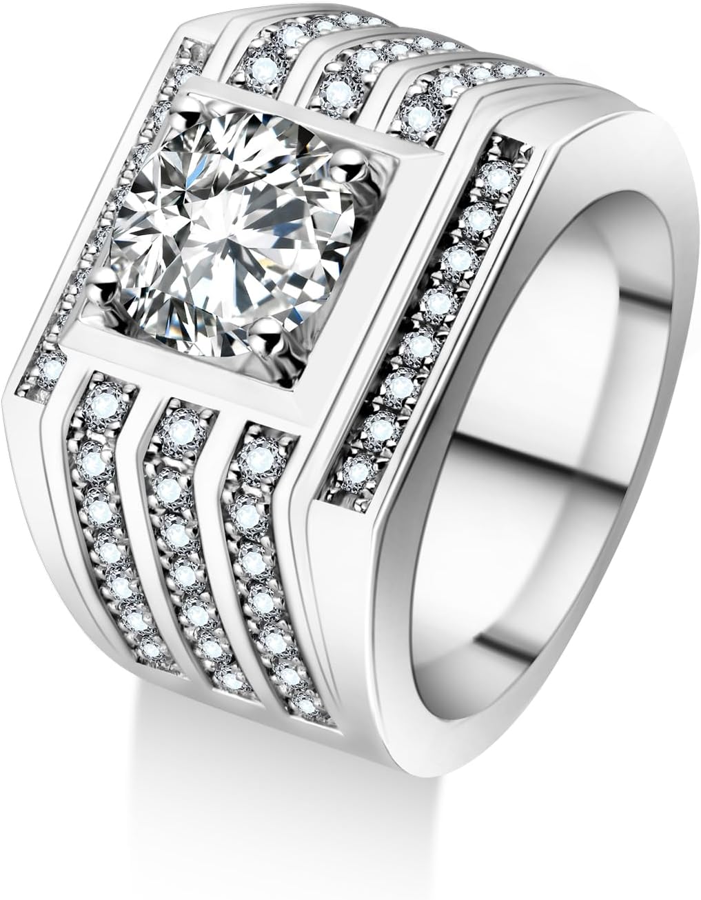 2.8CCTW Mens Moissanite Wedding Bands, D Color 18K White Gold Plated Sterling Silver,Round cut 3 rows Anniversary Band Ring for Men‘s Gift