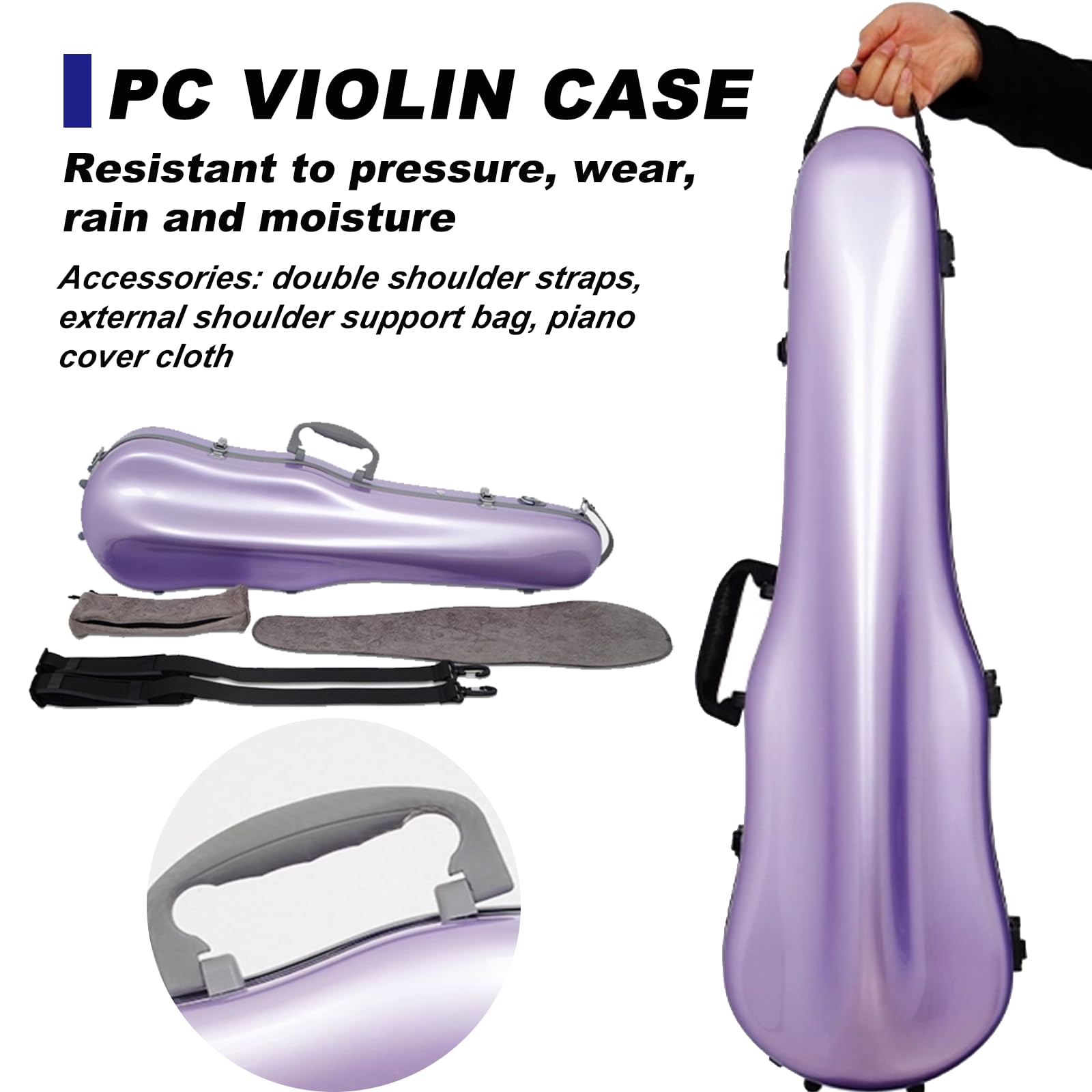 Estuche de policarbonato para violín para instrumentos de tamaño 3/4 y 4/4, carcasa rígida protectora ligera con interior suave y correas de transporte, K