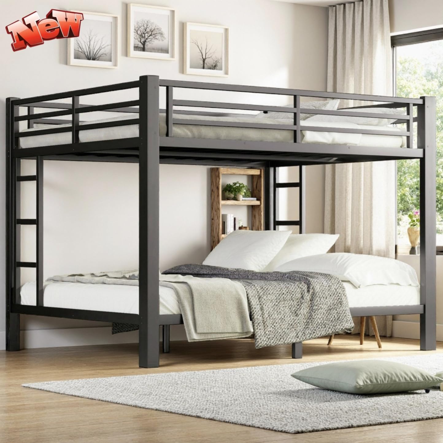 Higher Quality and Stronger Metal Queen Over Queen Bunk Bed, Thicken More Stable Industrial Style Steel Bunk Queen Bed with Enhanced Ladder and Legs, Easier to Assemble (Queen Over Queen)