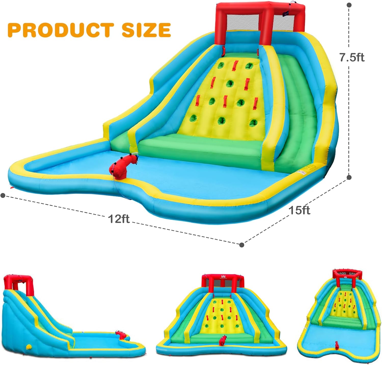 HONEY JOY Inflatable Water Slide, Giant Kids Water Park w/ 2 Long Slides & Climbing Wall, Water Hoses & Cannon, Large Splash Pool, Outdoor Blow Up Waterslides for Backyard(without Blower)