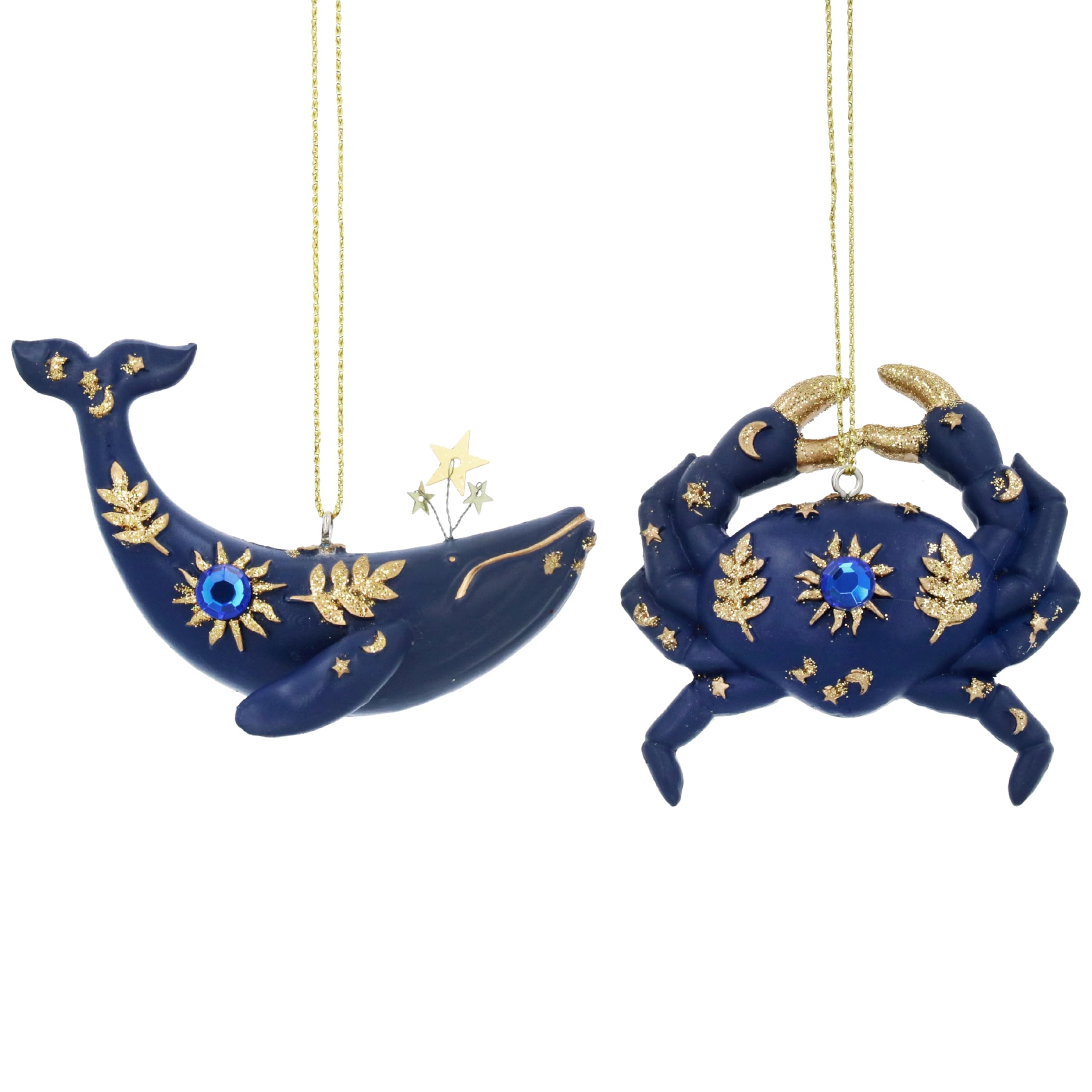 Gisela Graham Blue and Gold Resin Whale and Crab 6 x 7cm Decoration with Jewels Set of 2