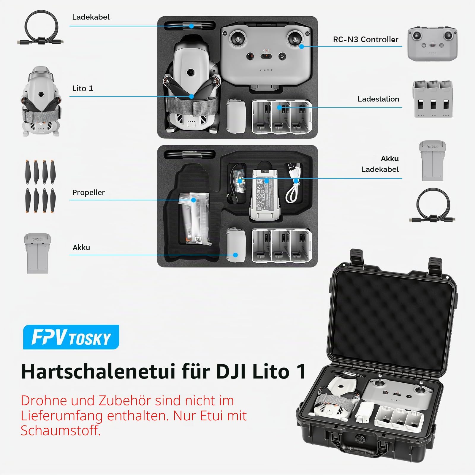 FPVtosky Lito X1/ 1 Koffer, Tragetasche für DJI Lito X1 / 1, kompatibel mit RC-N3, Akku, Ladegerät-Hub und anderem Zubehör