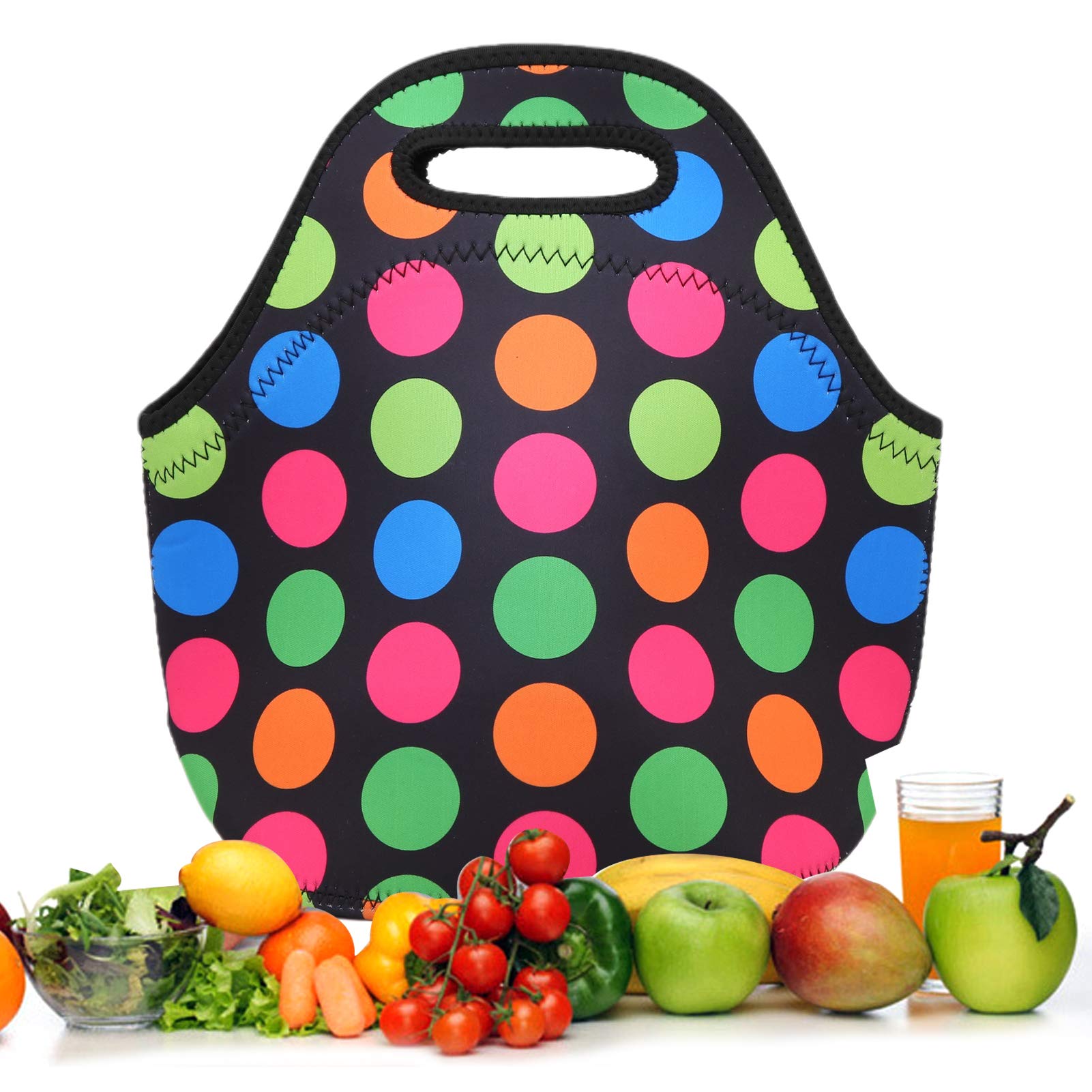 Keenso Borsa Termica Per Pranzo In Neoprene - Impermeabile, Isolante, Con Cerniera, Motivo Cerchio Bianco E Nero, Per Picnic, Campeggio, Lavoro, Dimensioni 31x30x16 Cm - 4