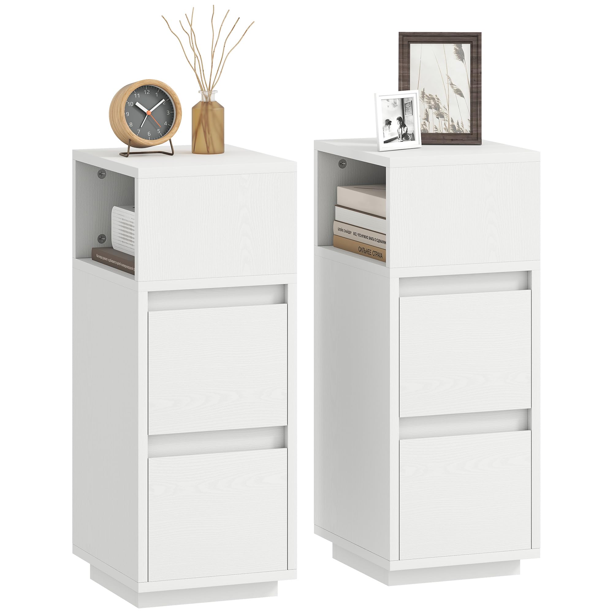 HOMCOM Set di 2 Comodini Camera da Letto Stretti e Alti 25x30x65 cm Bianco | Con 2 Cassetti e Ripiano Aperto, Comodini Moderni Salvaspazio, Tavolini per Divano, Soggiorno, Salotto e Camera