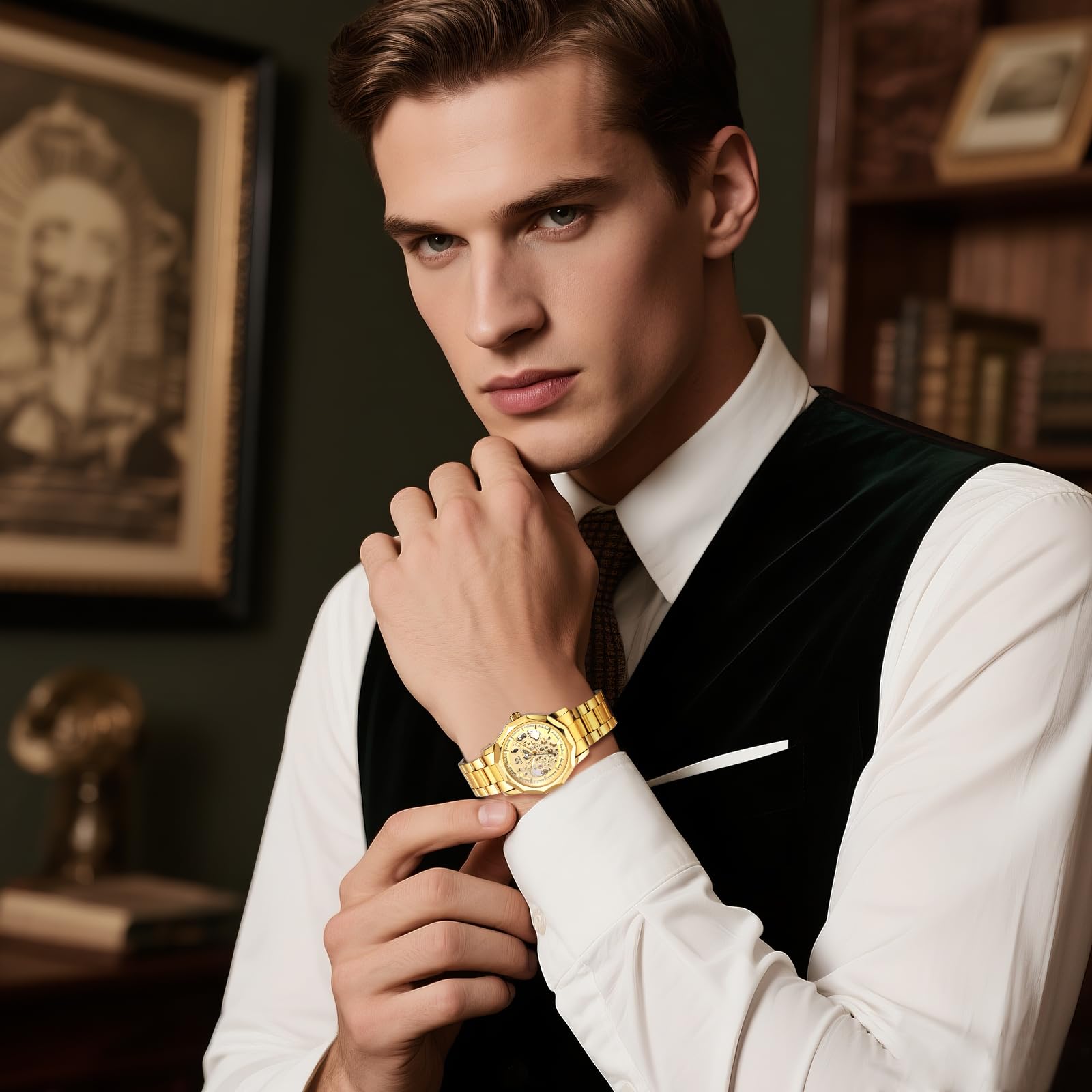 JewelryWe Reloj Mecánico Automático Hombre: Reloje de Pulsera Vestir Correa de Acero Inoxidable Dial de Engranajes Punteros Luminosa - para Regalo
