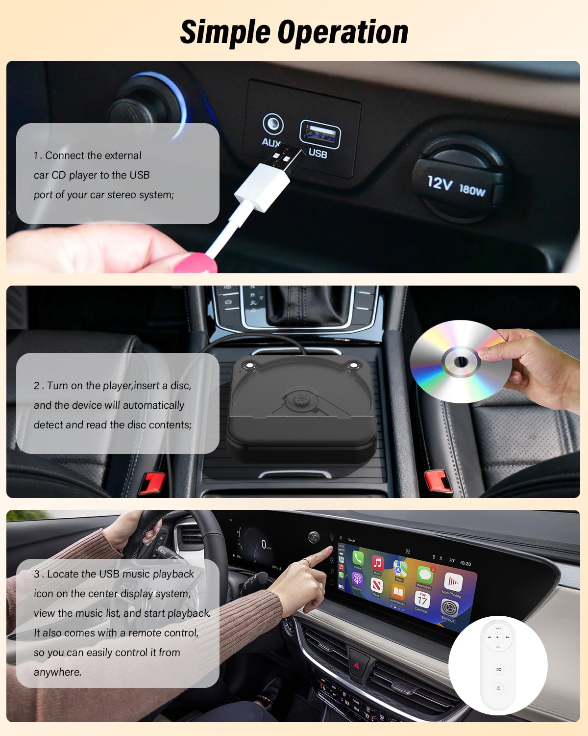 MONODEAL Externer CD Player für Auto, Plug-and-Play Auto CD-Player mit USB/AUX Anschluss, Universeller USB CD Laufwerk für Fahrzeug, Laptop, Fernseher