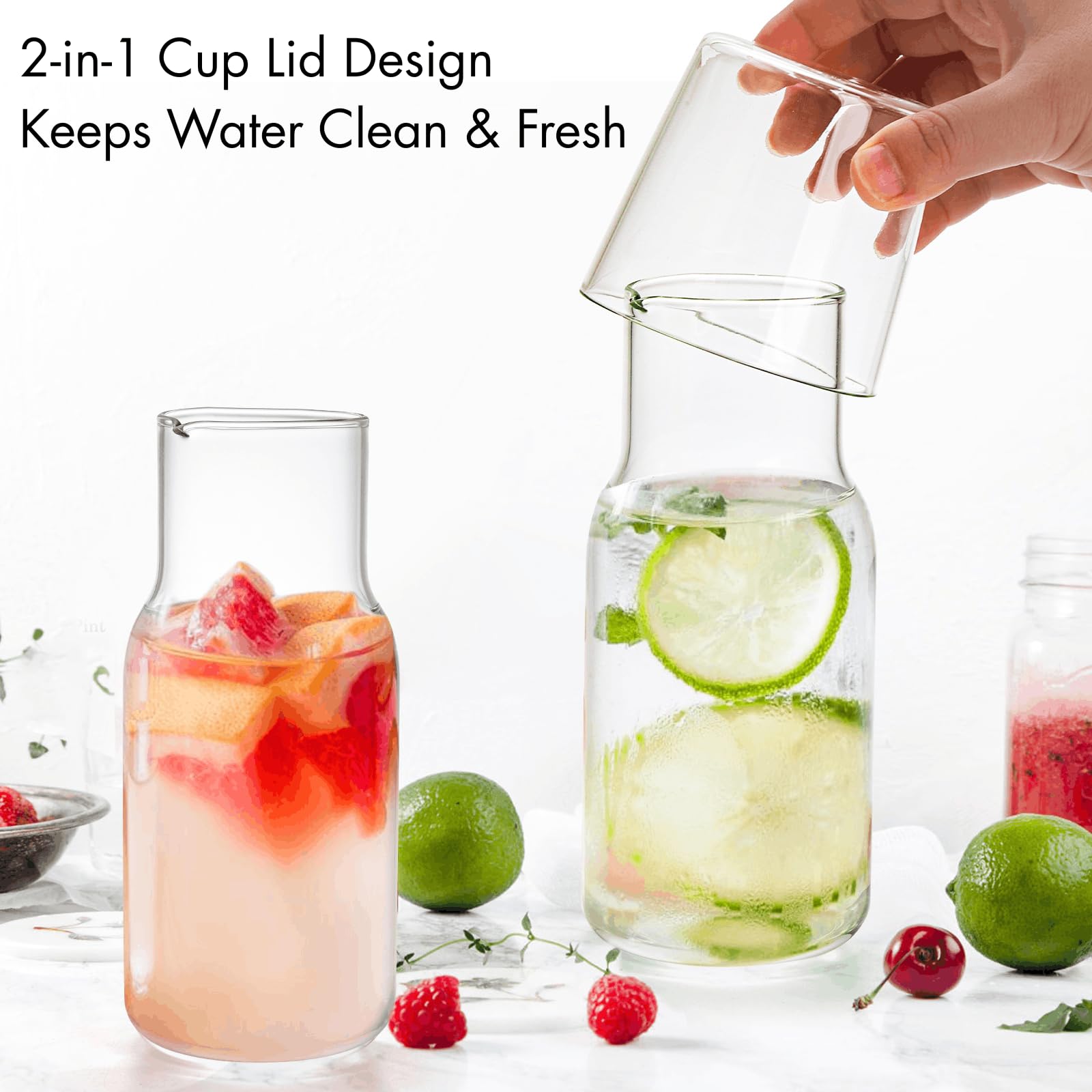 YOUEON Juego de 4 jarras de agua y vidrio para mesita de noche de 17 onzas, jarra de agua con taza de vidrio para mesita de noche, jarra con taza para cocina, dormitorio o baño
