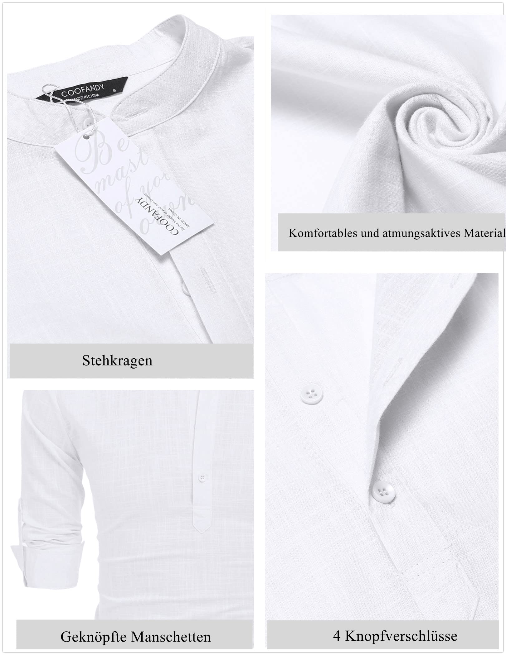 COOFANDY Camisa Henley de Manga Larga para Hombre Camisa de Lino Camisa de algodón Informal de Verano de Ajuste Regular