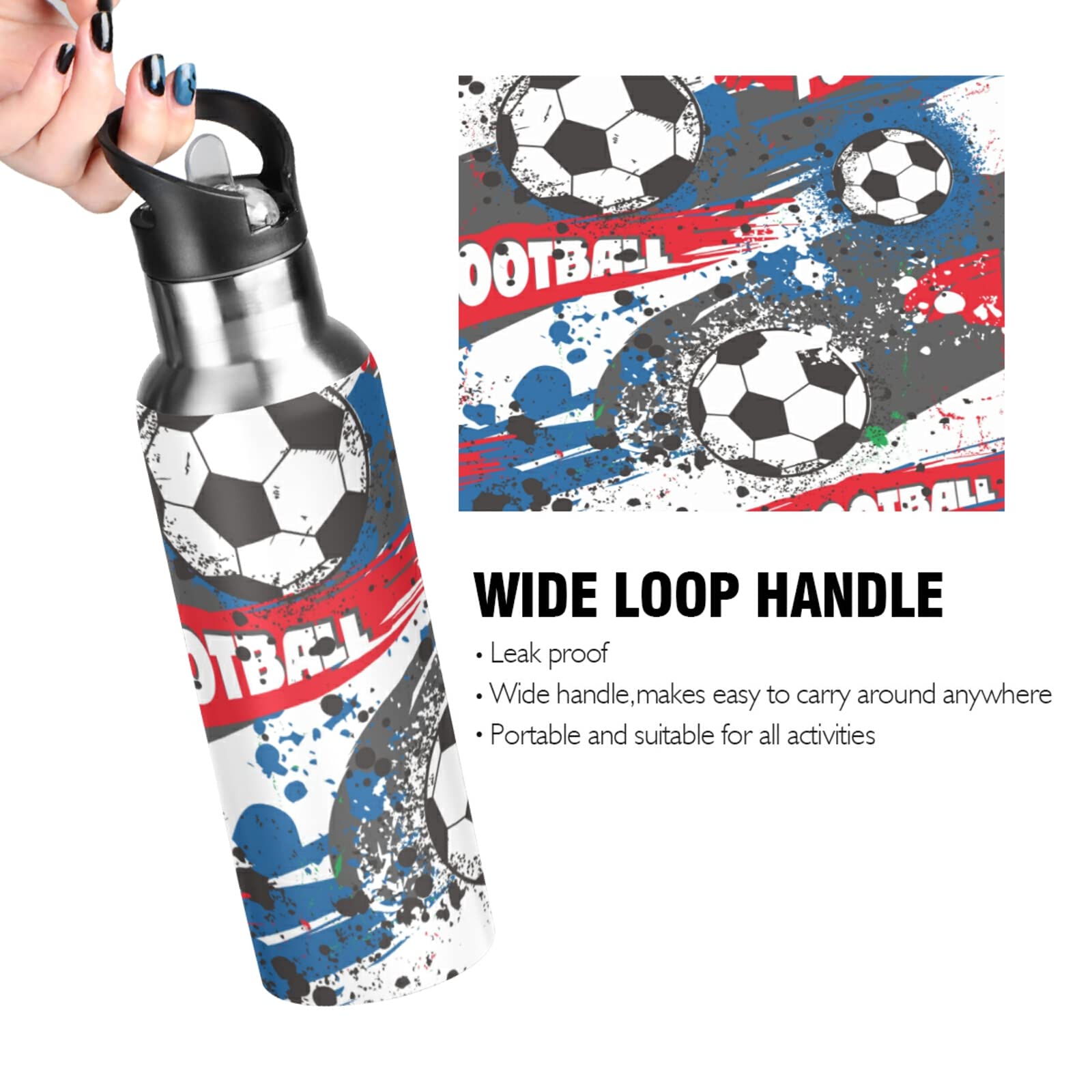 Vnurnrn Regalo Sport Calcio Calcio Nero Bottiglia Acqua Acciaio Inox, Isolato Borraccia Termica Senza BPA 600ML per Bevande Calde e Fredde per Bambini Sport Ciclismo Scuola