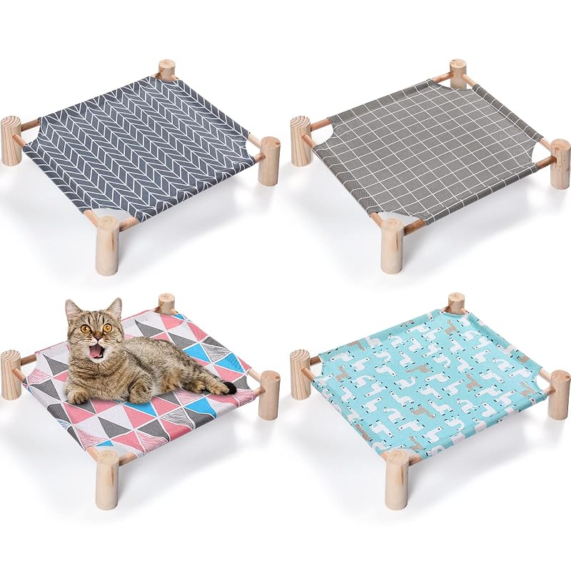 Cama Suspensa para Gatos e Pequenos Cães em Madeira, Estampas Variadas Mixweer, Pacote com 4
