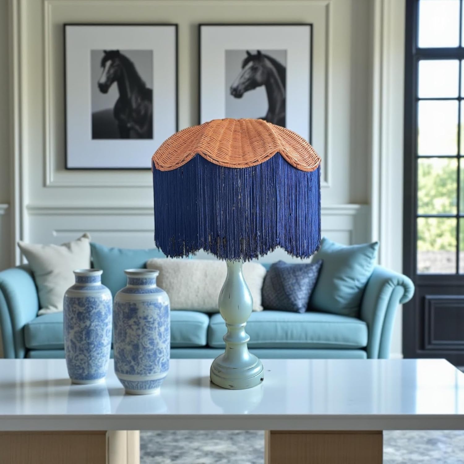 Tristan Home Rattan Lamp Shade with Fringe Trim – Boho Lamp Shade, Large Spider Fitting, Handmade Woven Top (Dark Blue)