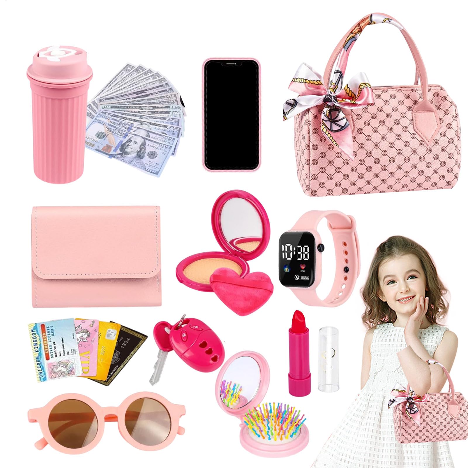 Sac à main pour petites filles avec accessoires, ensemble de maquillage pour , ensemble sac à main, téléphone, montre numérique, maquillage pour jeunes filles âgées de 3 à 6 ans