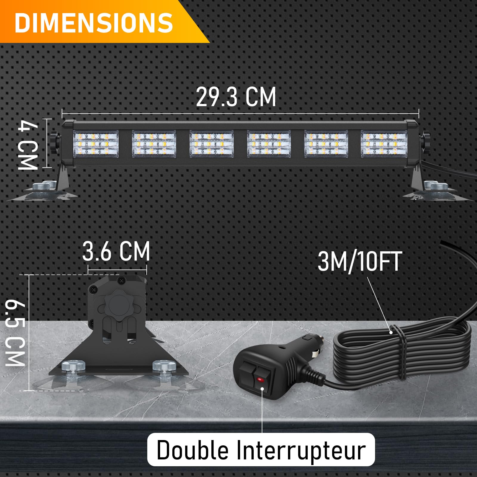 antom Sechs LED Barre Lumineuse Clignotante Stroboscopique 2 pièces, 36 LEDs, Lumière d'avertissement Orange + feu 19 Modes de Stroboscope Clignotant pour Voiture, Camion, Tracteur