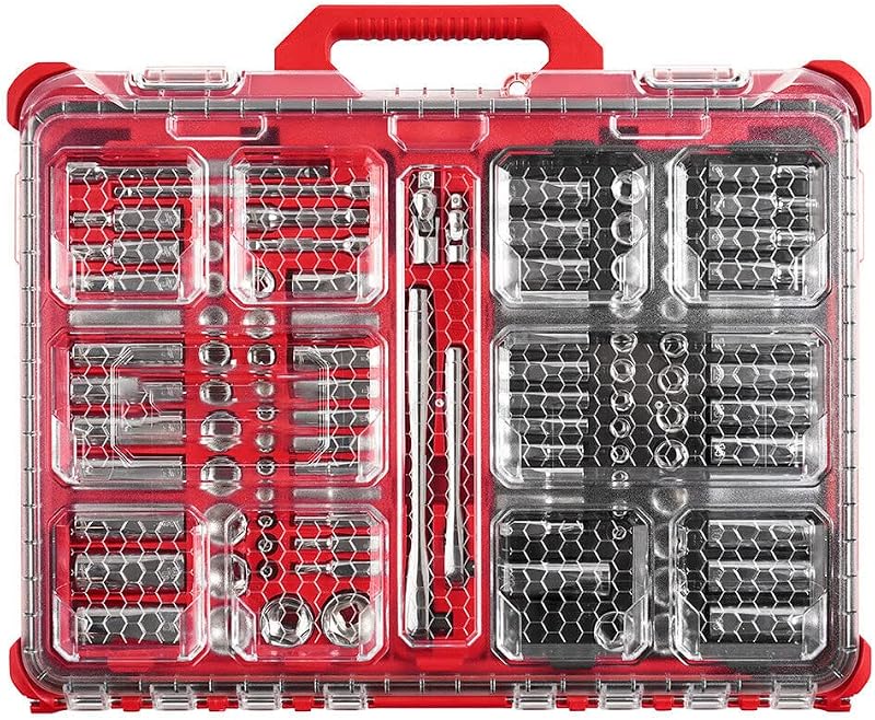 48-22-9486 for Milwaukee 1/4"-3/8” Ratchet Socket Set w/Packout Case - 106pc, Ratchet has 90 tooth design with 4-degree arc swing for tight workspaces