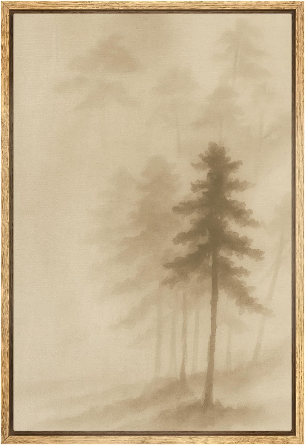 SIGNFORD Framed Canvas Print Wall Art Misty Pine Forest Minimalist Monochrome Nature Landscape in Sepia Tones Illustrations Modern Art Decorative for Living Room, Bedroom, Office - 24"x36" Natural
