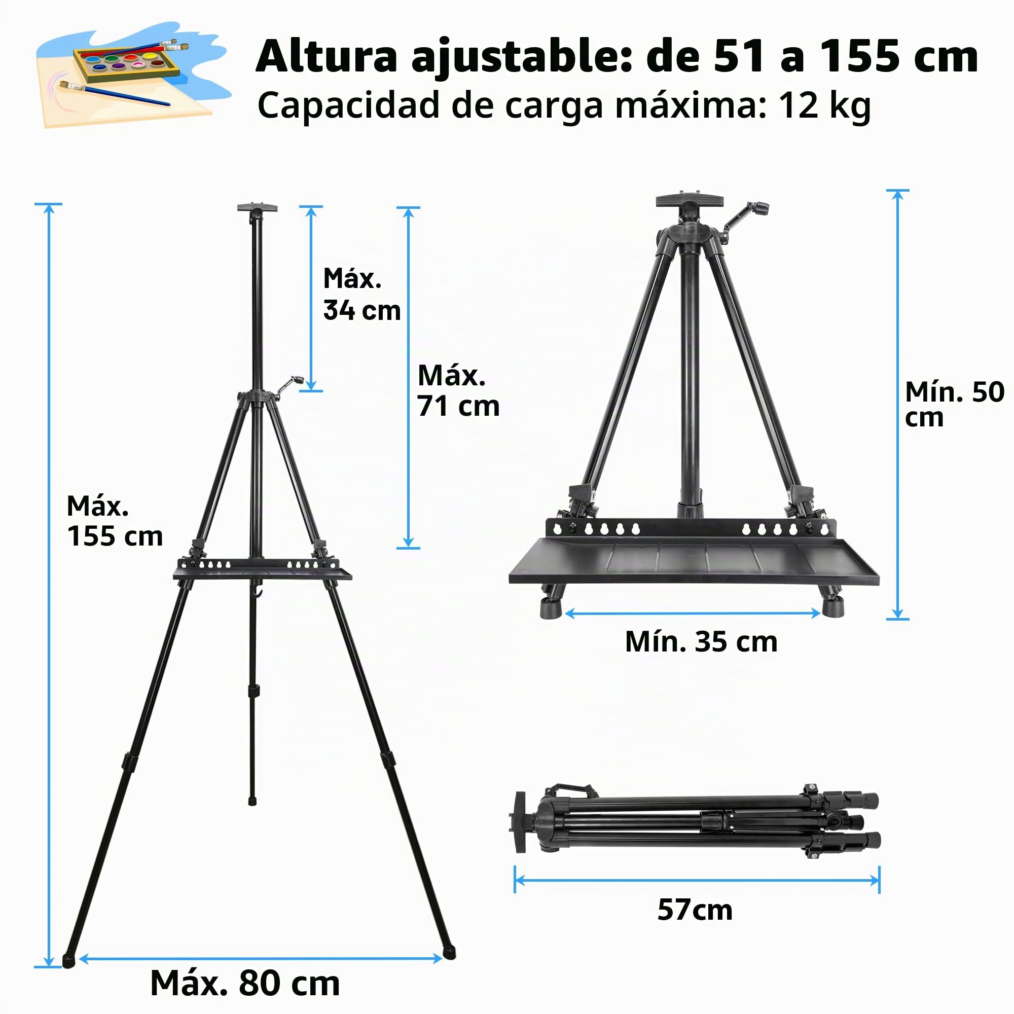 Caballete de arte para pintar, ajustable de 50 a 152 cm, trípode plegable, caballete de exhibición con bolsa, barril, prón, mesa y pintura de suelo, dibujo artístico (negro)