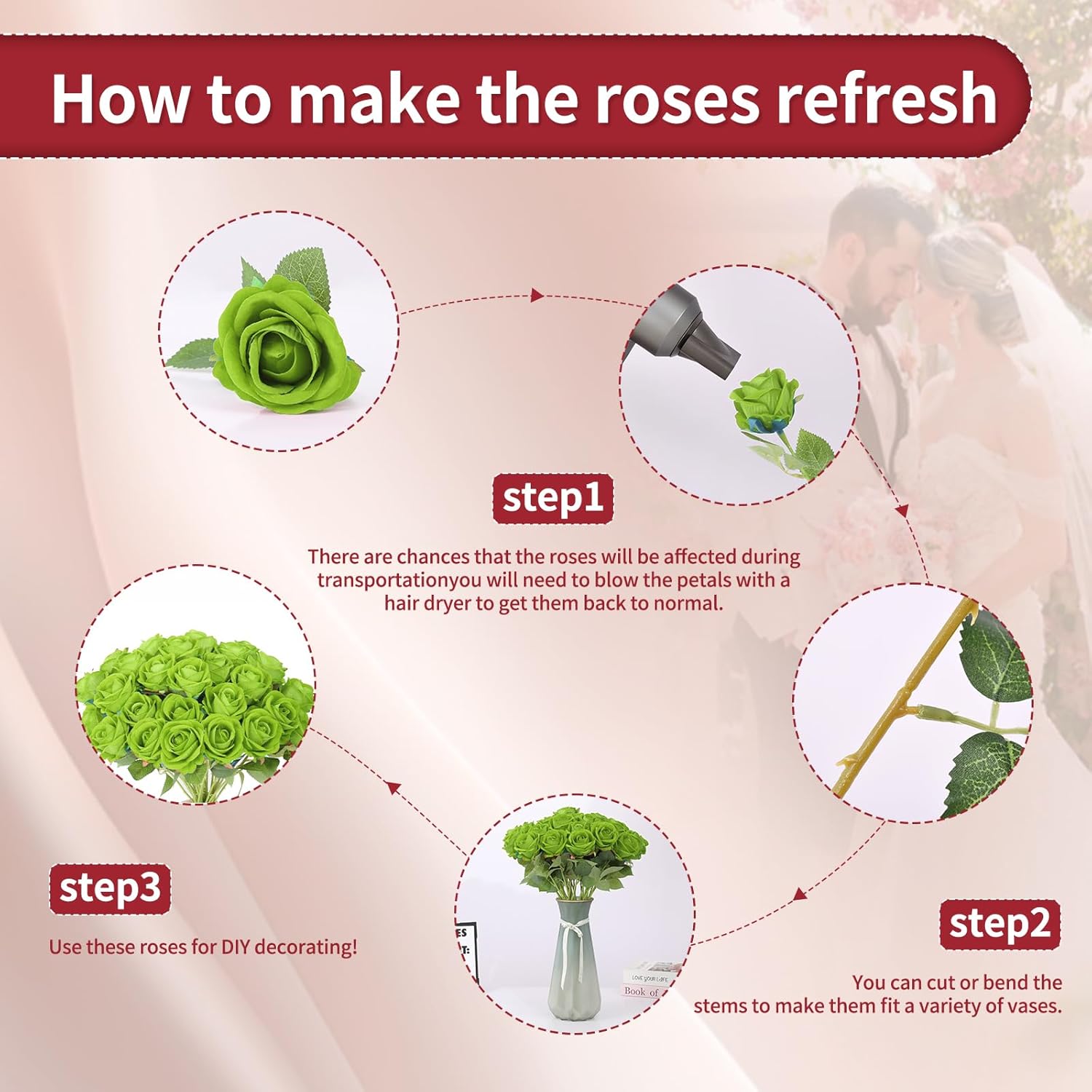 6pcs Fake Roses Artificial Flower, Bridal Rose Bouquet Faux Roses with Stems for Wedding Flower Decoracion, Green Artificial Roses, Valentine's Day, Wedding & Home Decor - Image 3