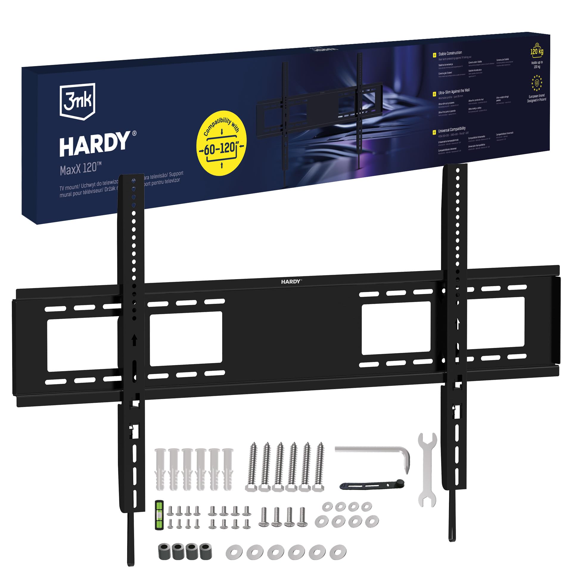 H Hardy TV Wandhalterung MaxX 120 Flach 60-120 Zoll Bis 120 kg | Nur 28 mm wandnah mit rückseitigem Sicherungsverschluss, VESA 150x150-1000x600 mm, inklusive Wasserwaage und Montageset