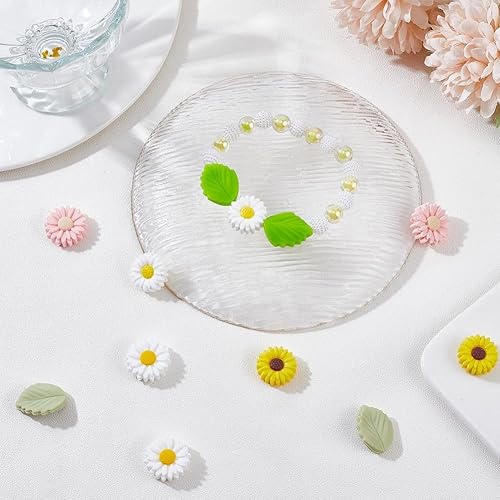 Miniatura 4 de SUNNYCLUE 1 caja de 12 cuentas focales de silicona de flores a granel de 0.787 pulgadas (0.787 in), margaritas rosas de doble cara, hojas verdes,