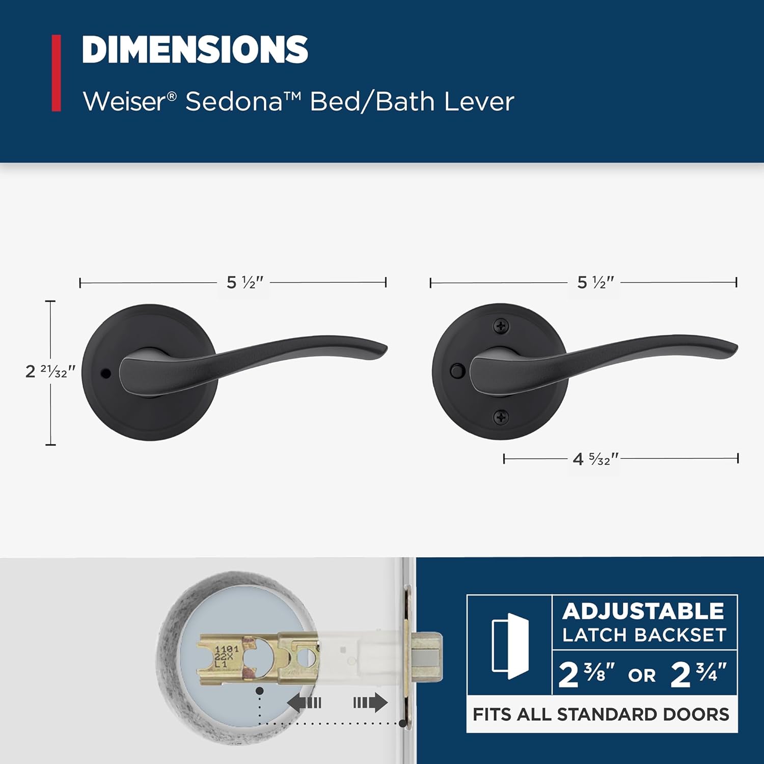 Weiser Sedona Matte Black Door Handle, Reversible Privacy Lever, Interior Door Handles for Bedroom and Bathroom Doors, Keyless Bathroom/Bedroom Door Lock, Transitional Home Décor