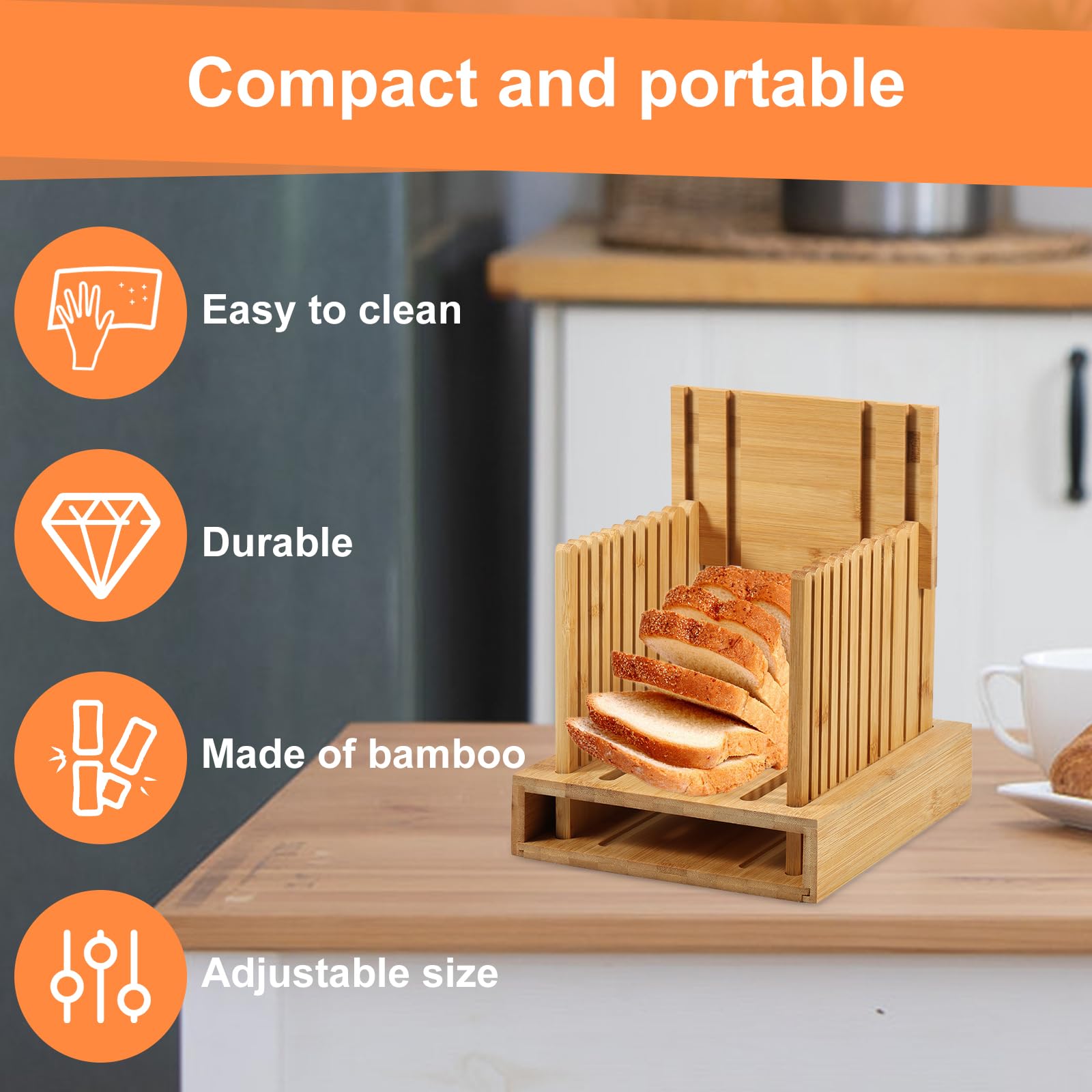 Cortador de Pan de Bambú Con Guía Ajustable de 3 Anchos, Bandeja para Migas y Tabla de Cortar Plegable - Compacto para Pan Casero