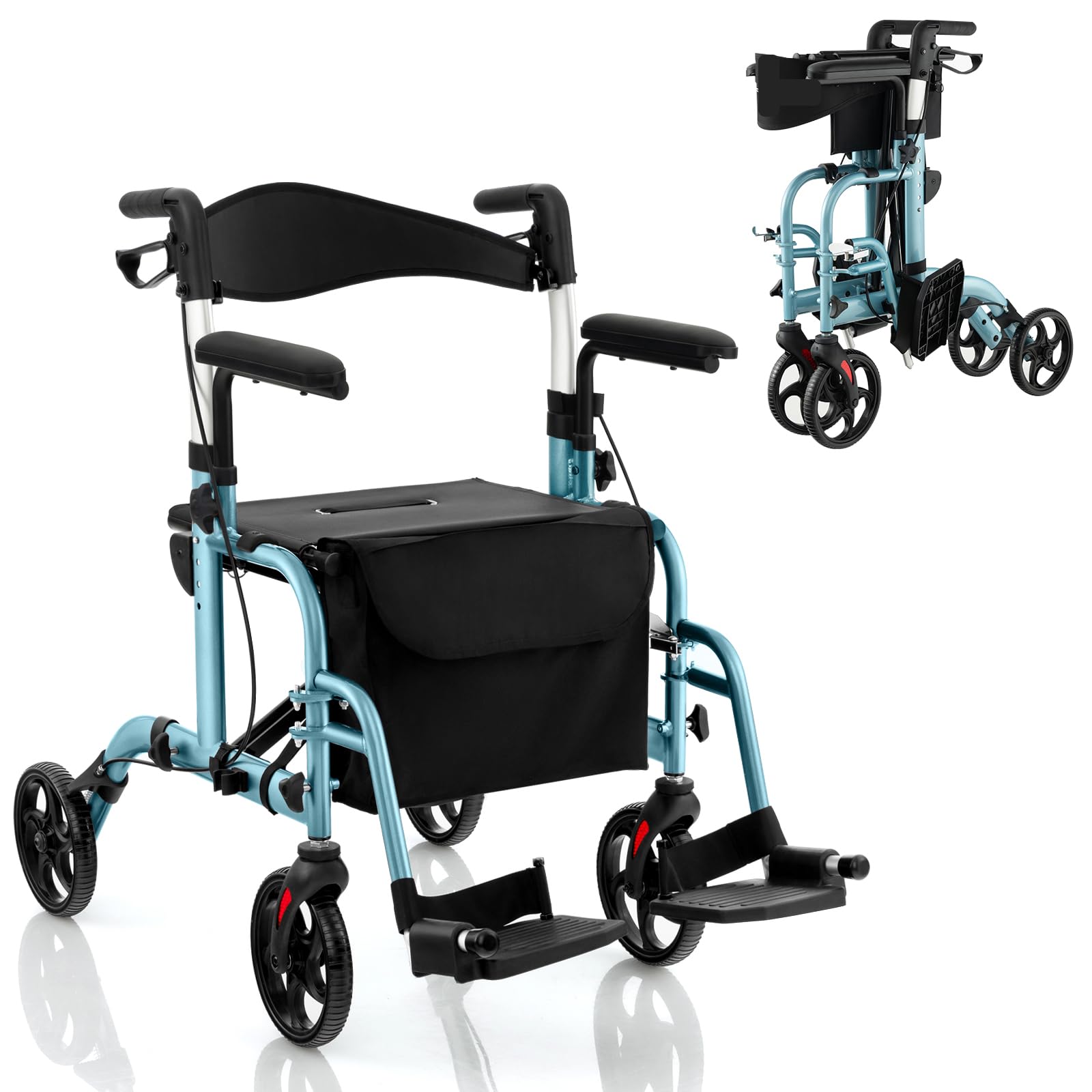 HOMASIS 2 in 1 Rollstuhl Rollator faltbar & leicht mit Sitz, Gehhilfe 6-fach höhenverstellbar, Alu Gehwagen bis 136kg, Reiserollator mit Stockhalter Tasche & Bremse, Laufhilfe für Senioren (Blau)