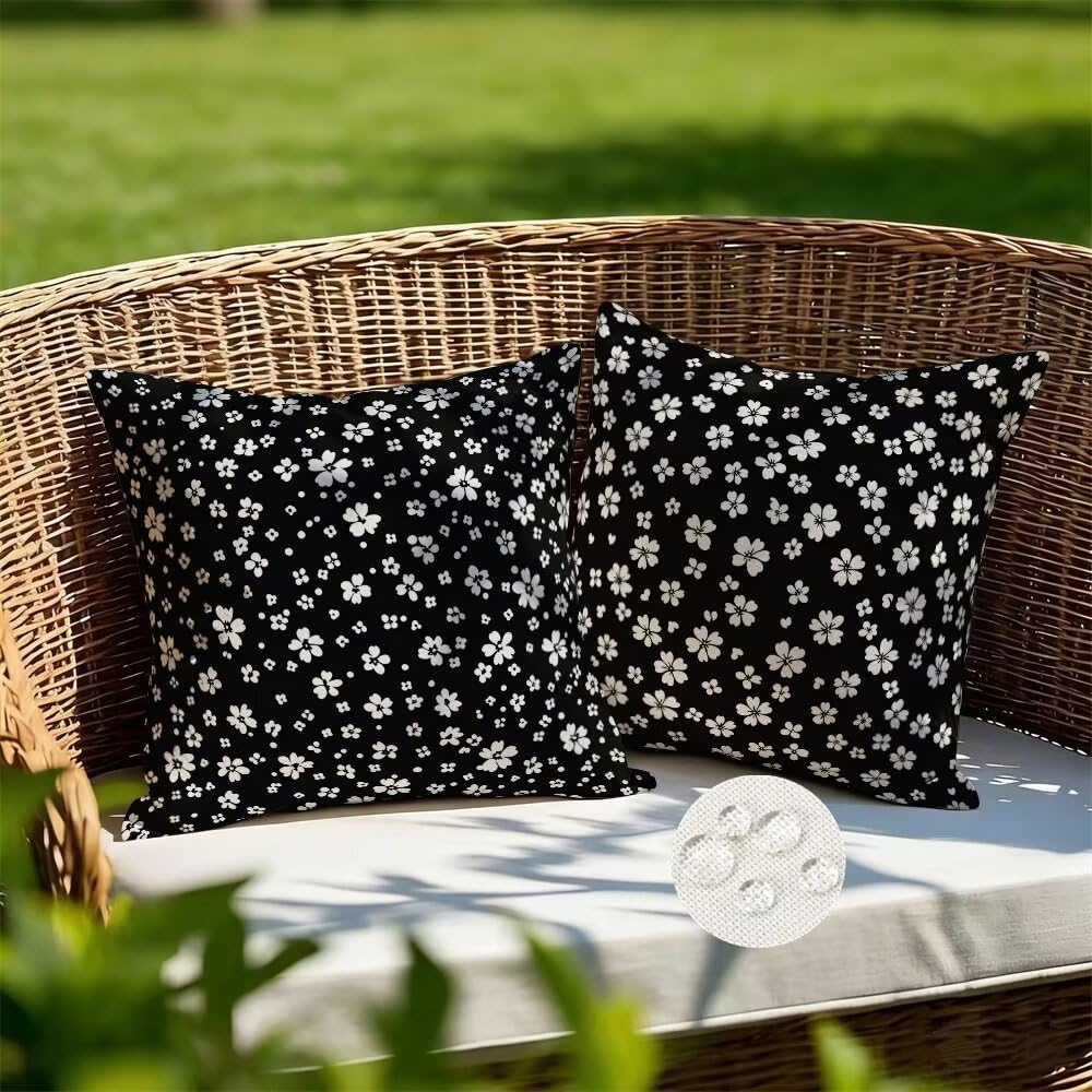 Federe Cuscini da Esterno Impermeabili 65x65 Bianco e Nero Copri Cuscini per Divano Floreale Federa Cuscino Primavera Decorativi Copricuscini per Divano Giardino Patio Soggiorno Set di 2 (IU143)