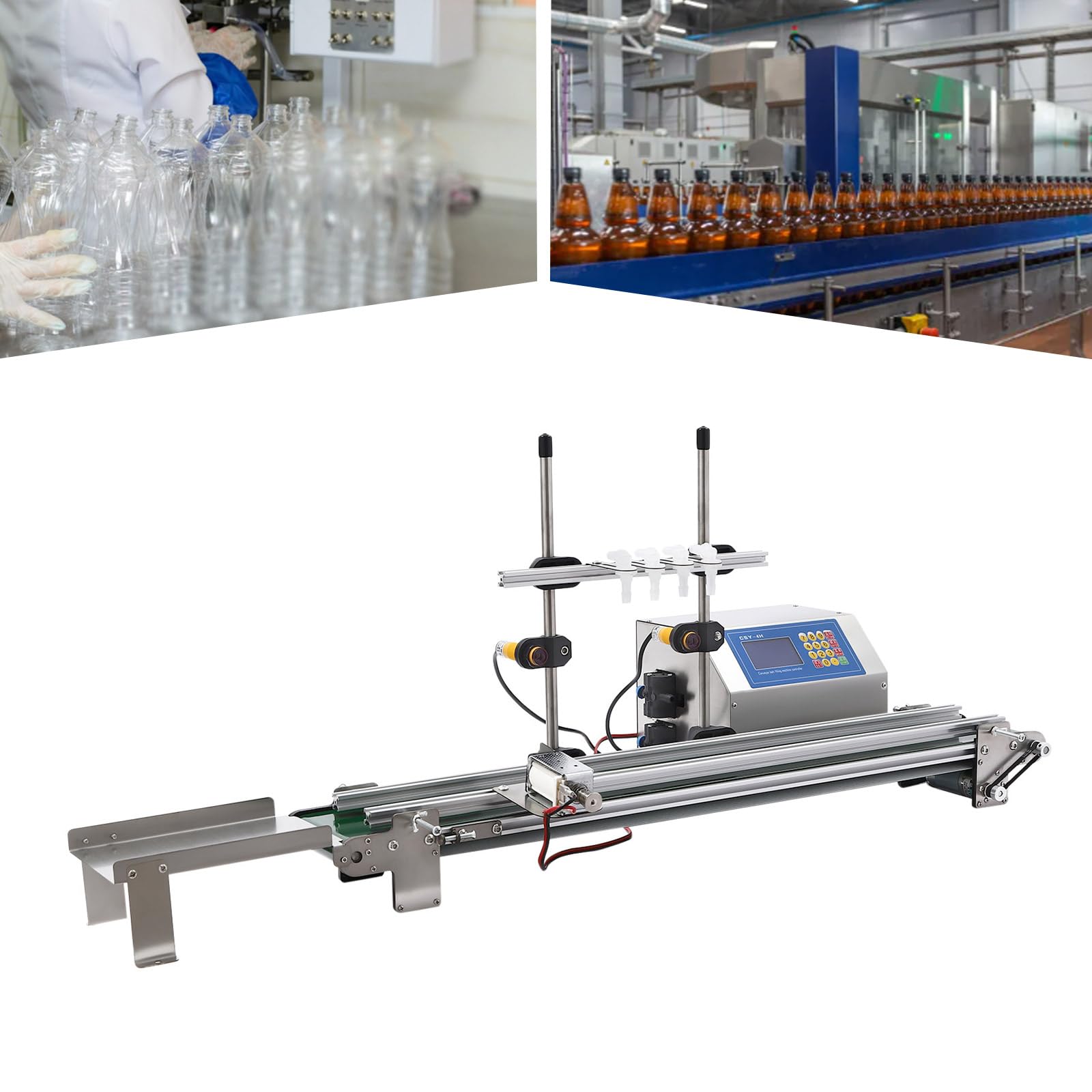 Abfüllmaschine für Flüssigkeiten mit Förderband und 1-4 einstellbaren Fülldüsen für 10-500ml Füllbereich Diaphragmenpumpe 150W geeignet