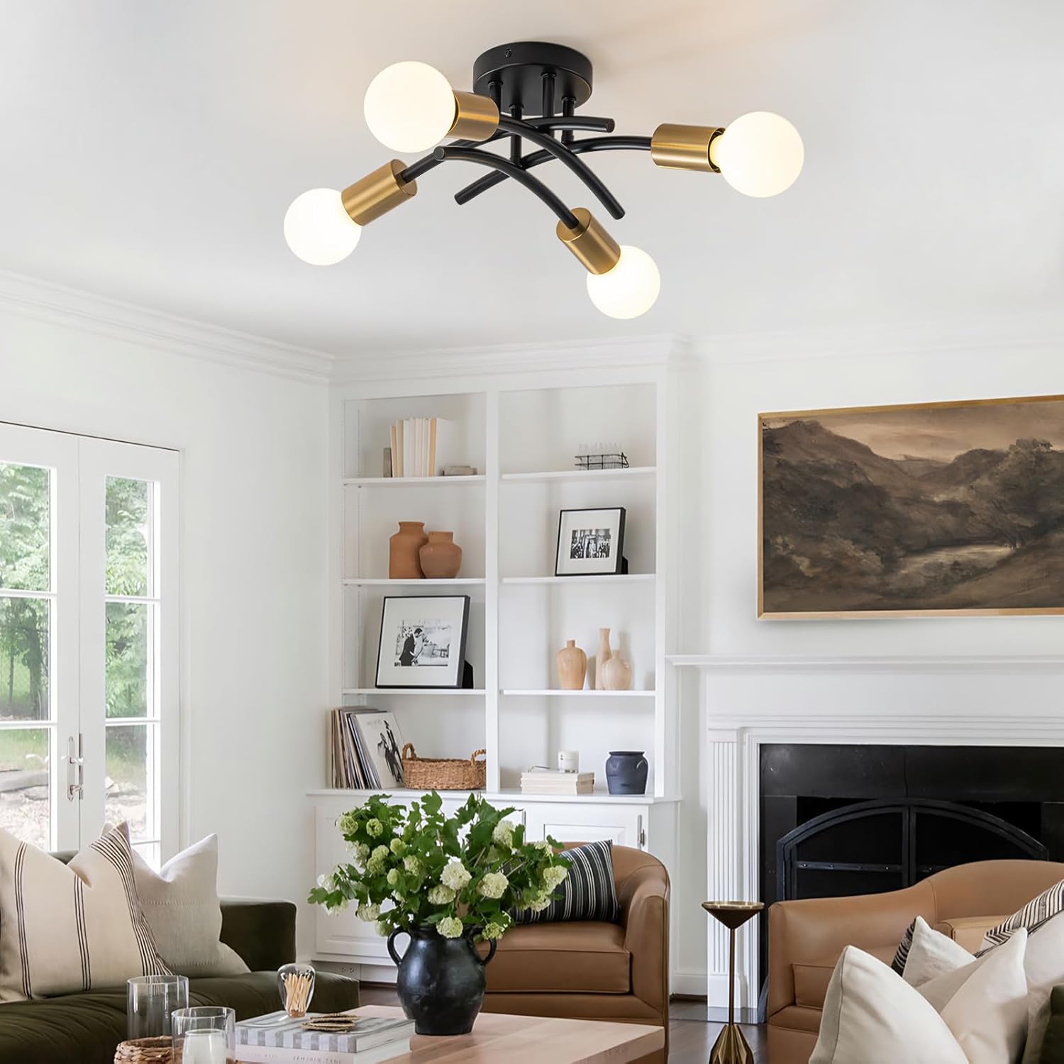 WILON Semi Flush Mount Ceiling Light Fixture, Modern Flush Mount Ceiling Lights, Black Gold 4-Light Sputnik Ceiling Light Fixture with E26 Bulb Base for Hallway Farmhouse Kitchen Bedroom