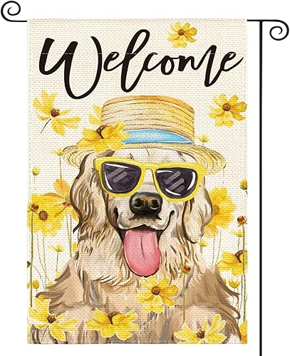 AVOIN colorlife Bandera de jardín de bienvenida de Summer Golden Retriever de 12 x 18 pulgadas de doble cara en el exterior, decoración de arpillera