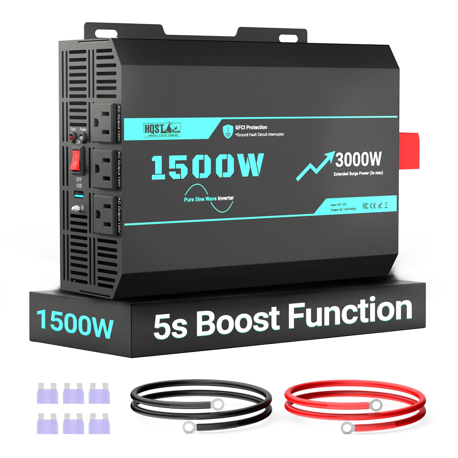 HQST 1500W Pure Sine Wave Inverter, GFCI Protection, 12V to 120V