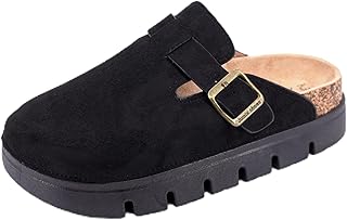 JOMIX Zapatillas Casa Mujer Zuecos Piel con Hebilla Plataforma Pantuflas con Suelas Cómodas