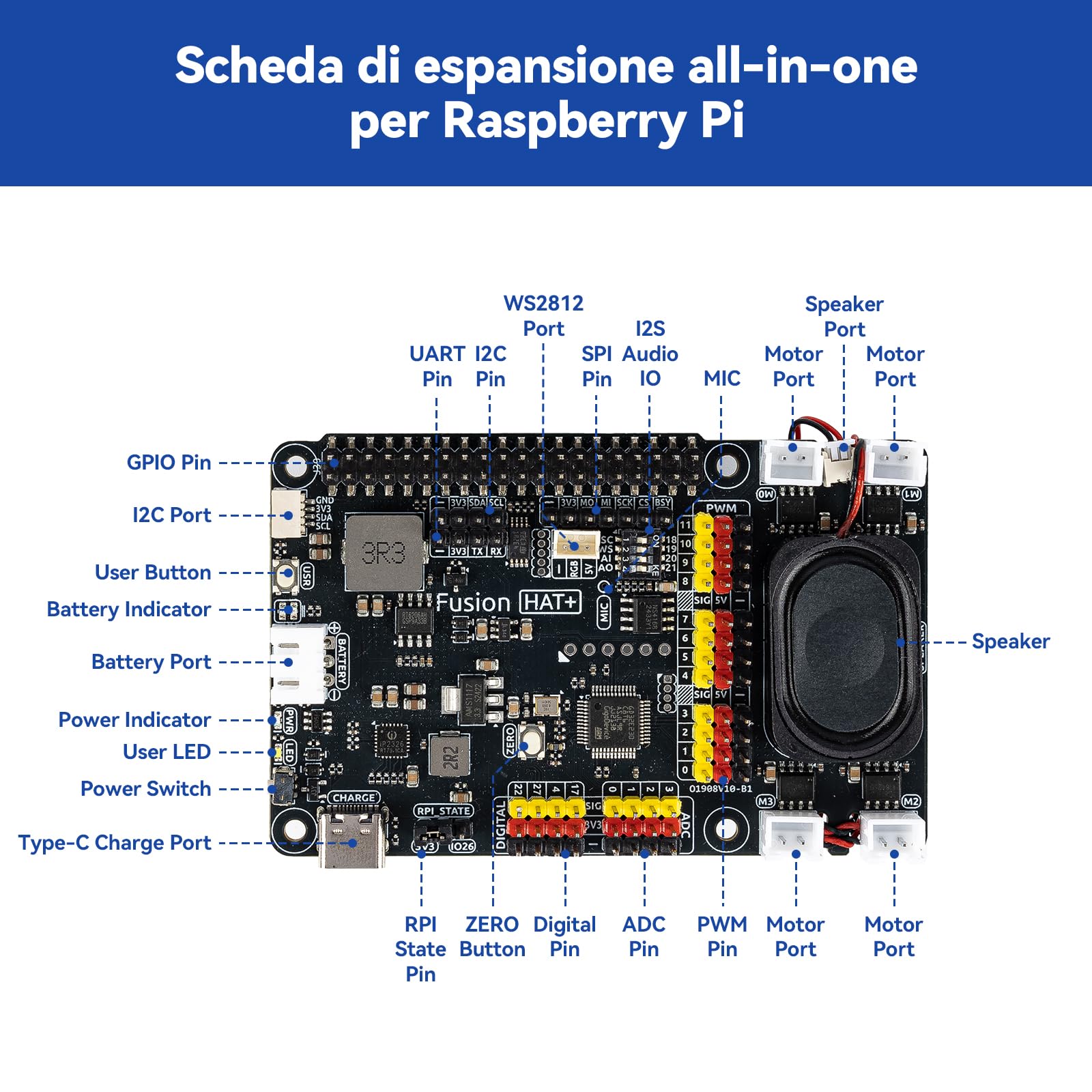 SunFounder Fusion HAT+ scheda di espansione per Raspberry Pi5/4/3B+/Zero 2W,batteria ricaricabile,4 driver motori DC, 12 servo PWM,ADC,altoparlante e microfono,compatibile con AI LLMs(ChatGPT/Gemini)