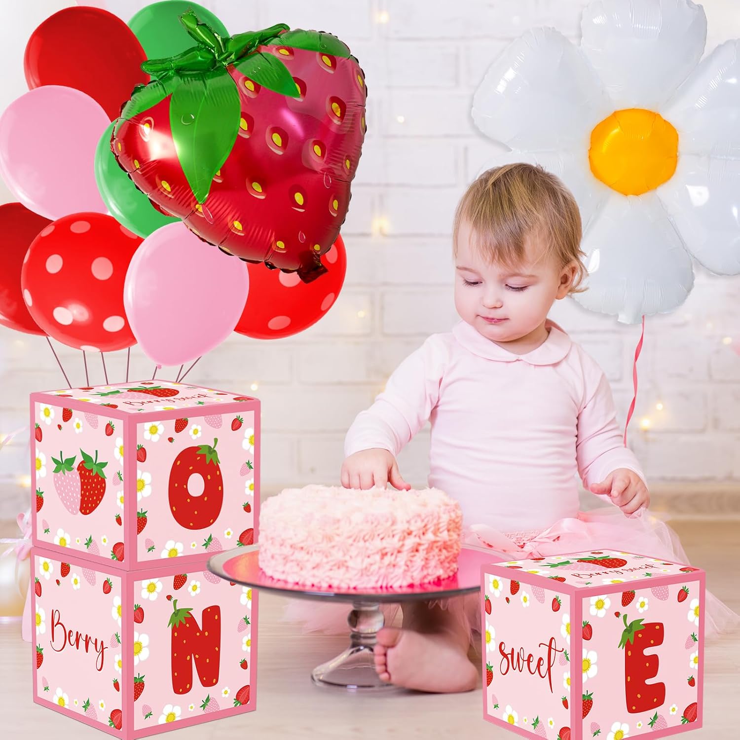 Strawberry 1st Birthday Party Decorations,3Pcs ONE Balloon Boxes 1st birthday Strawberry Balloons for Baby Girl Sweet Berry First Themed Birthday Party Decor Supplies